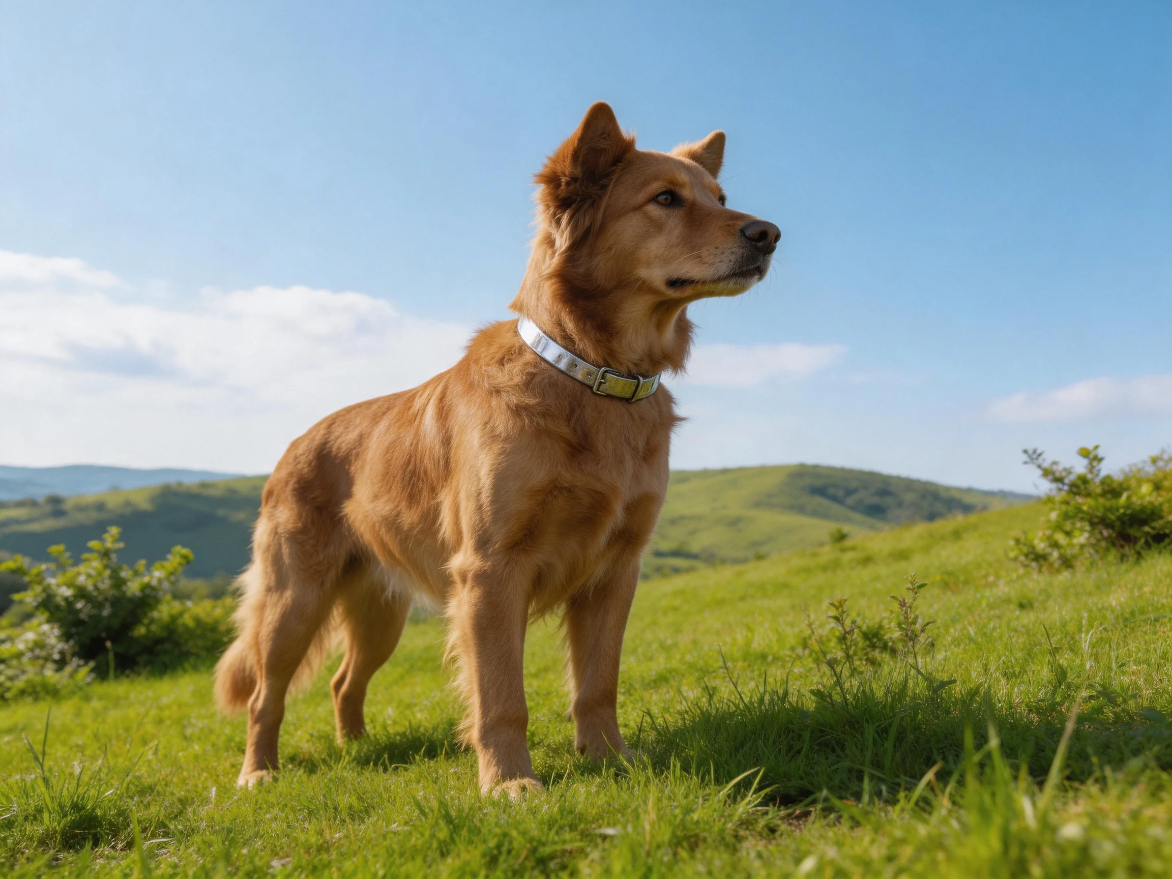 Golden-brown dog stands alert on lush green hillside under clear blue sky