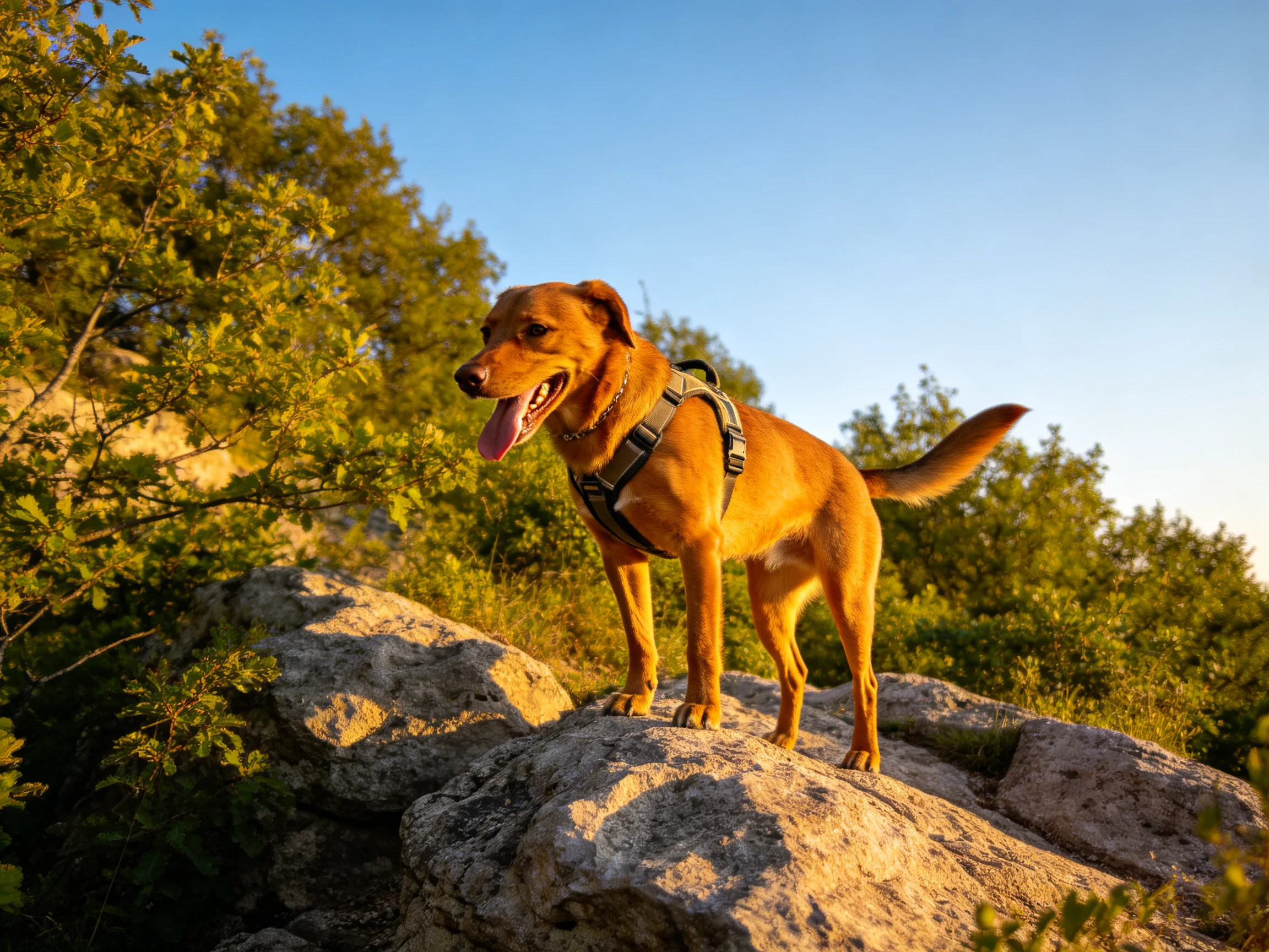Golden-brown dog stands on rocks amid greenery under clear sky.