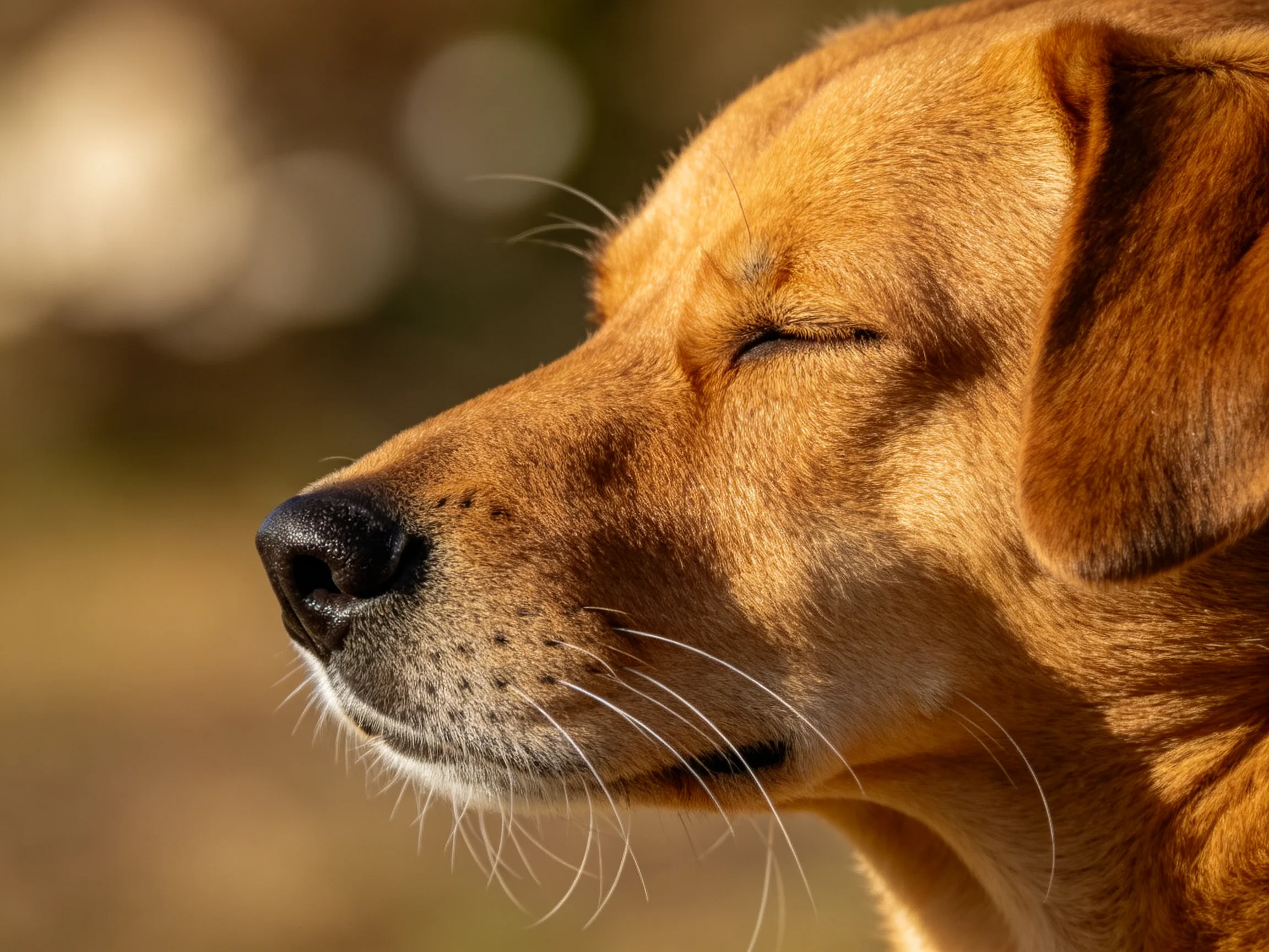 Golden-brown dog with closed eyes in warm sunlight