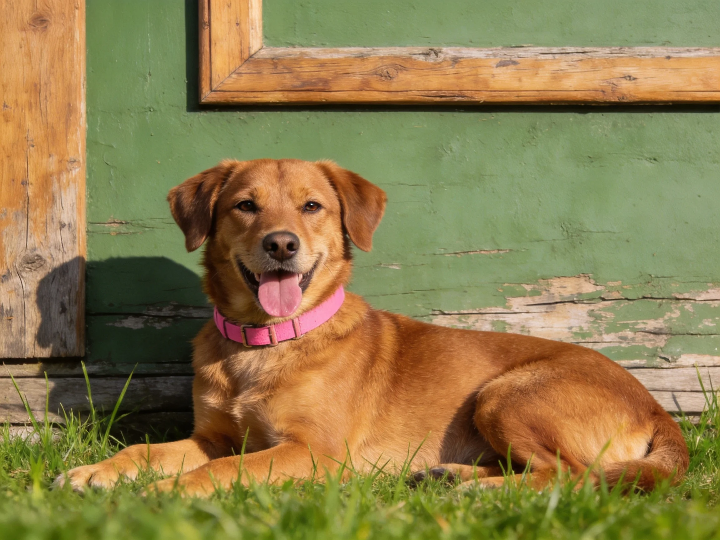 Golden-brown dog with pink collar relaxes near aged green wooden structure.