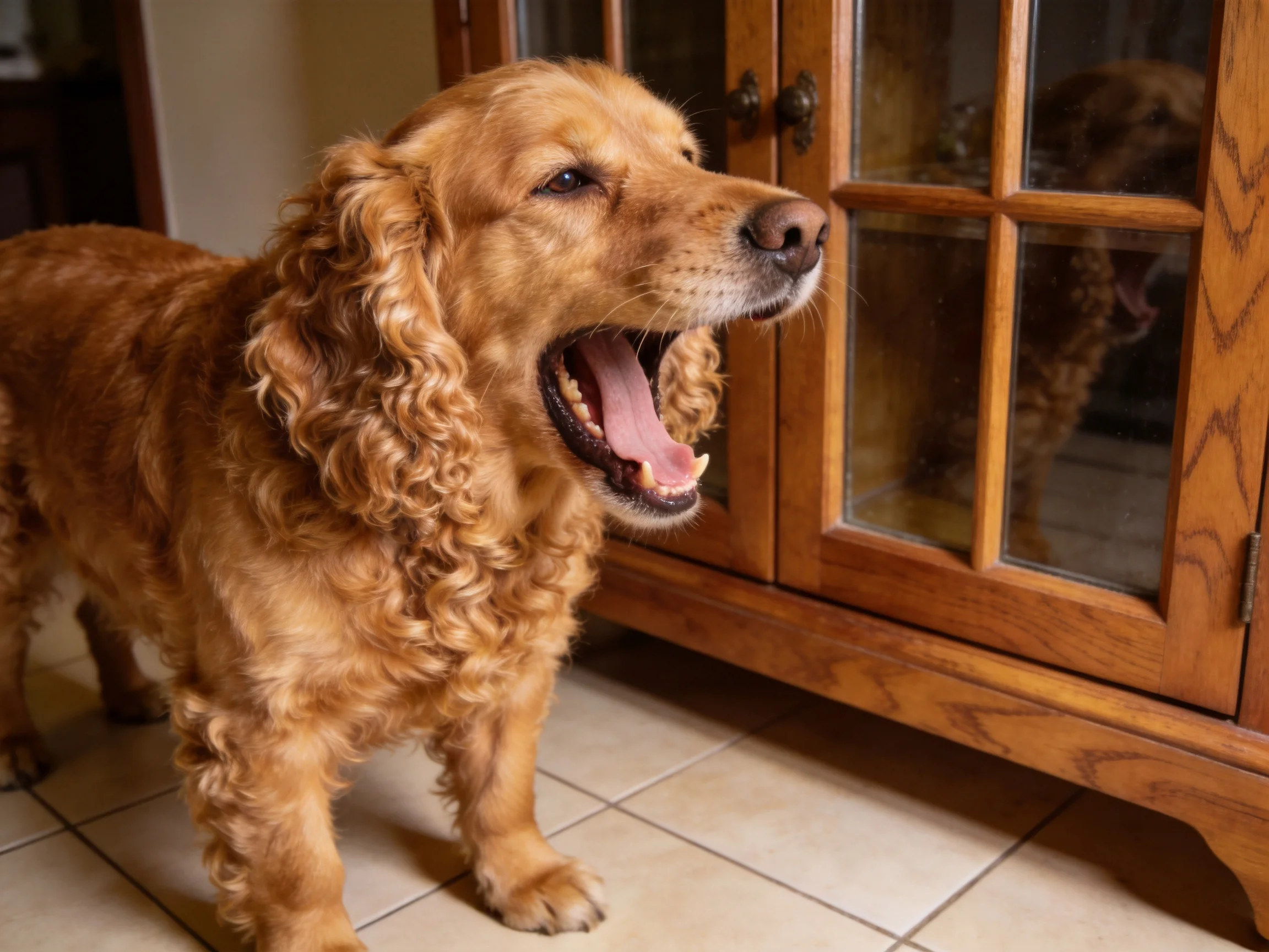 A golden-brown dog yawns near a wooden cabinet with glass doors.