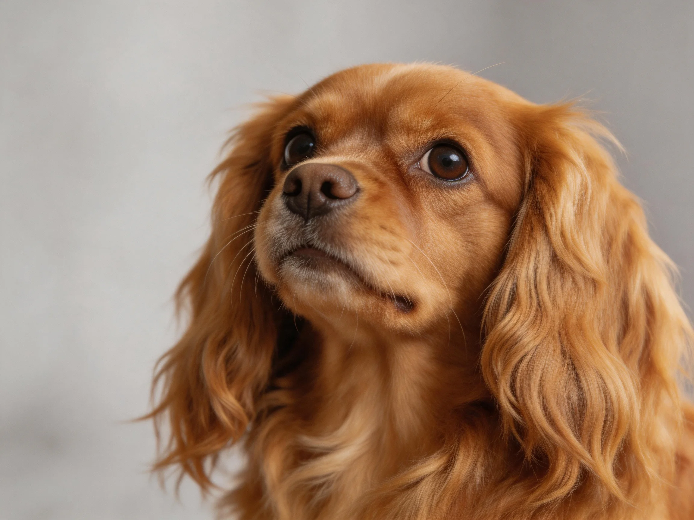 Golden-brown spaniel gazes upward with expressive eyes in a softly focused portrait.