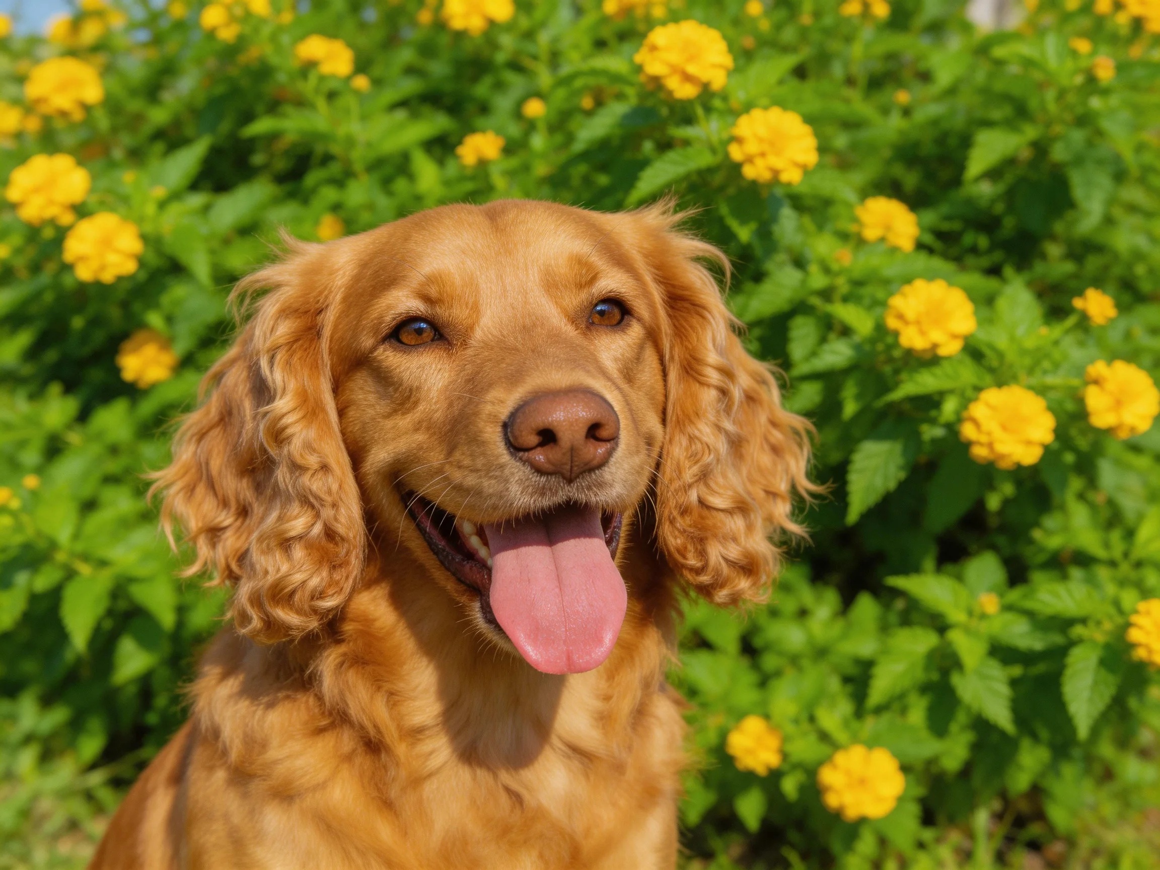 A golden dog enjoys the outdoors amid yellow flowering bushes.