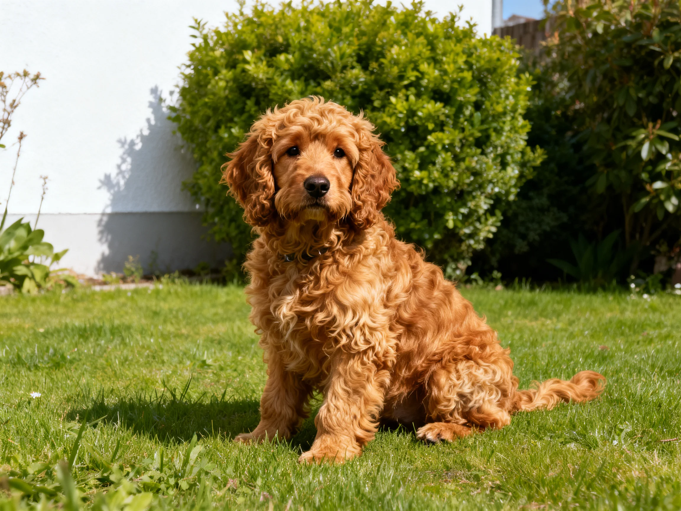A golden curly-haired puppy sits on green grass in a sunlit outdoor area.
