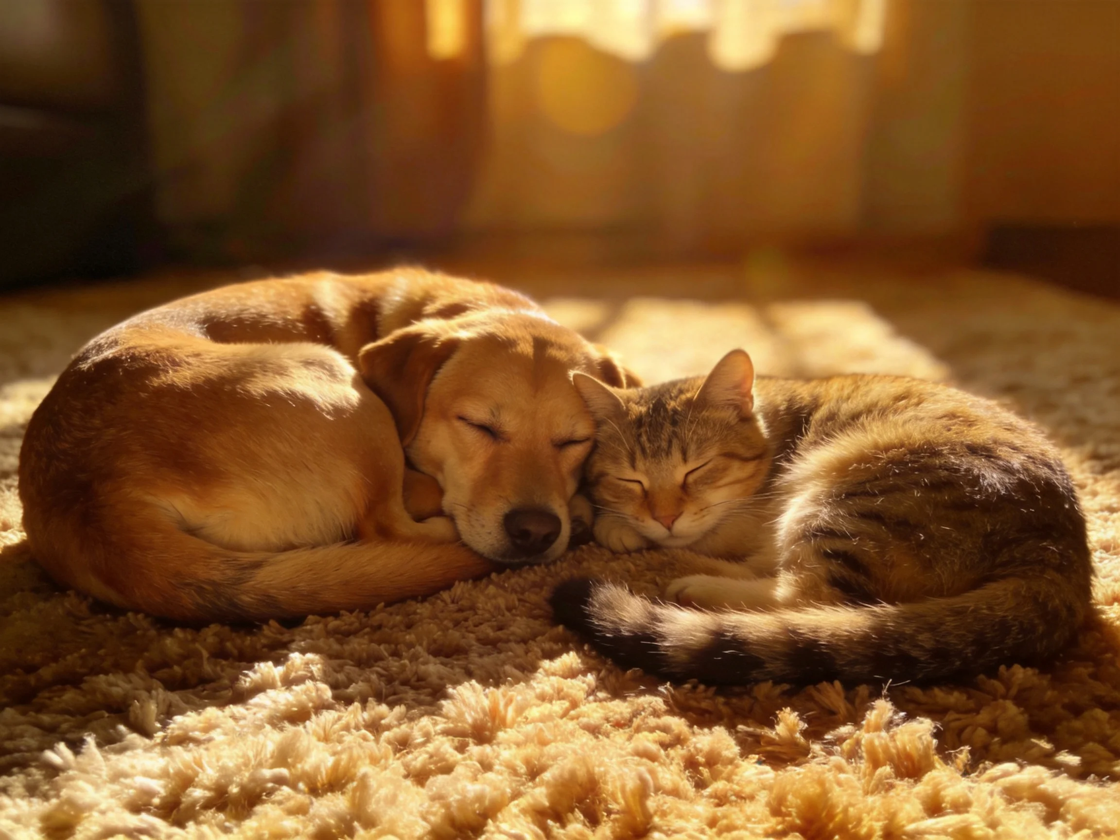 Golden dog and tabby cat cuddle on soft beige carpet in warm sunlight