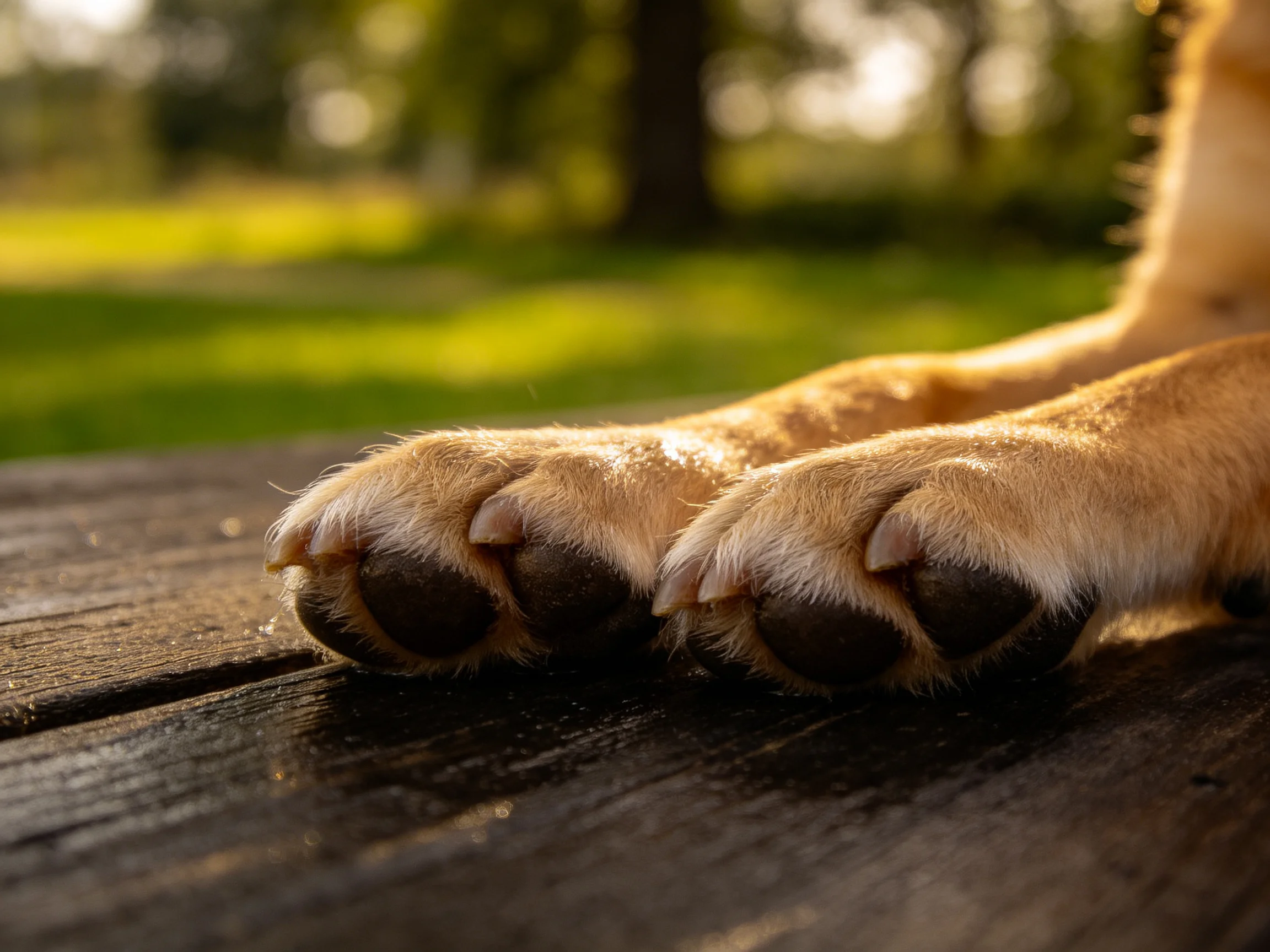 Golden dog paws resting on a dark wooden surface outdoors