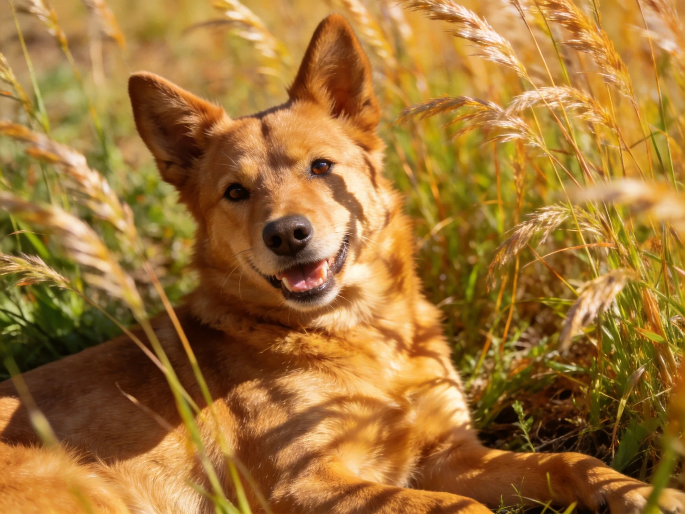 Golden dog relaxes among tall, sun-drenched wild grasses