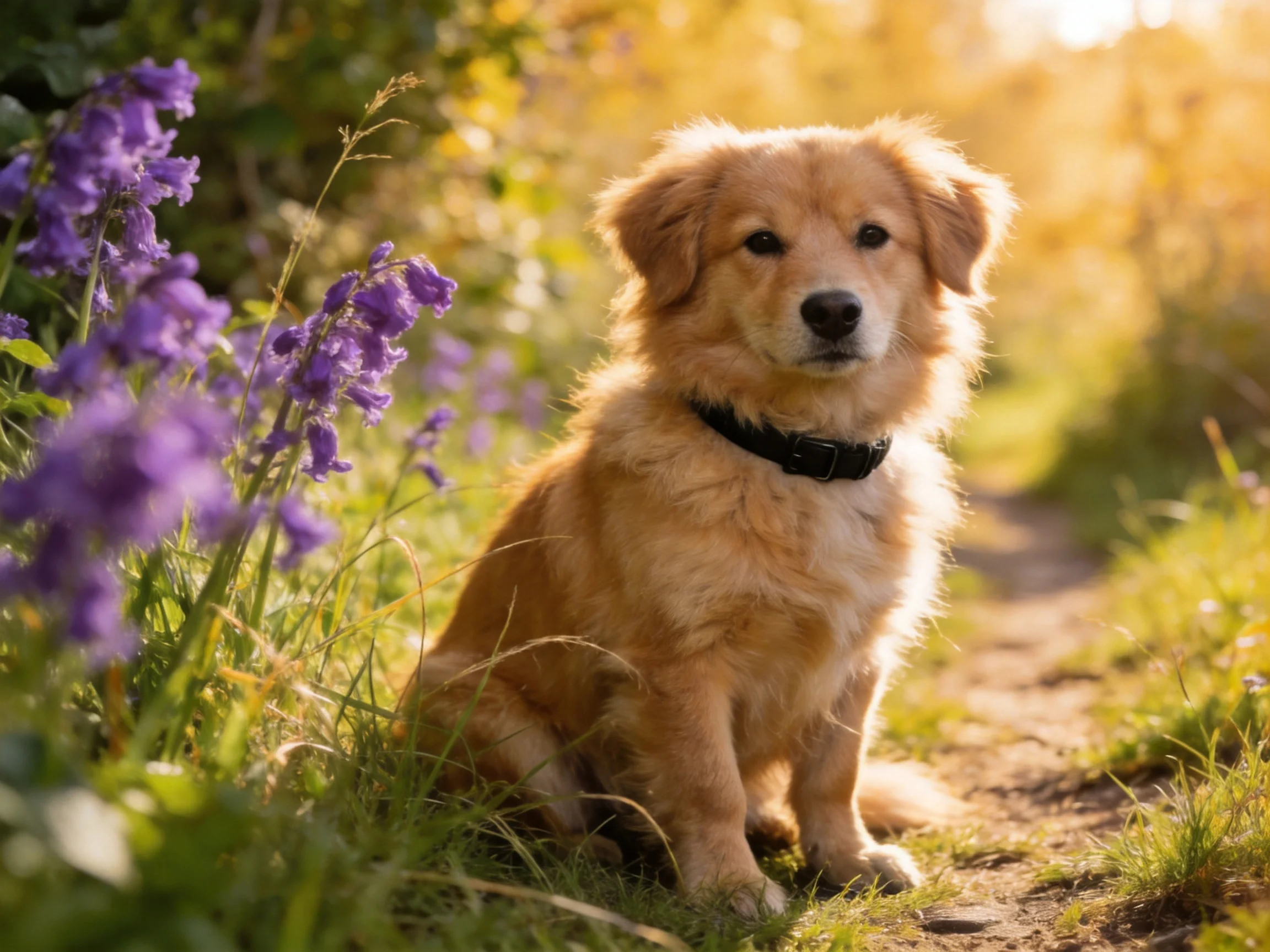 Golden dog sitting beside purple flowers on sunlit path