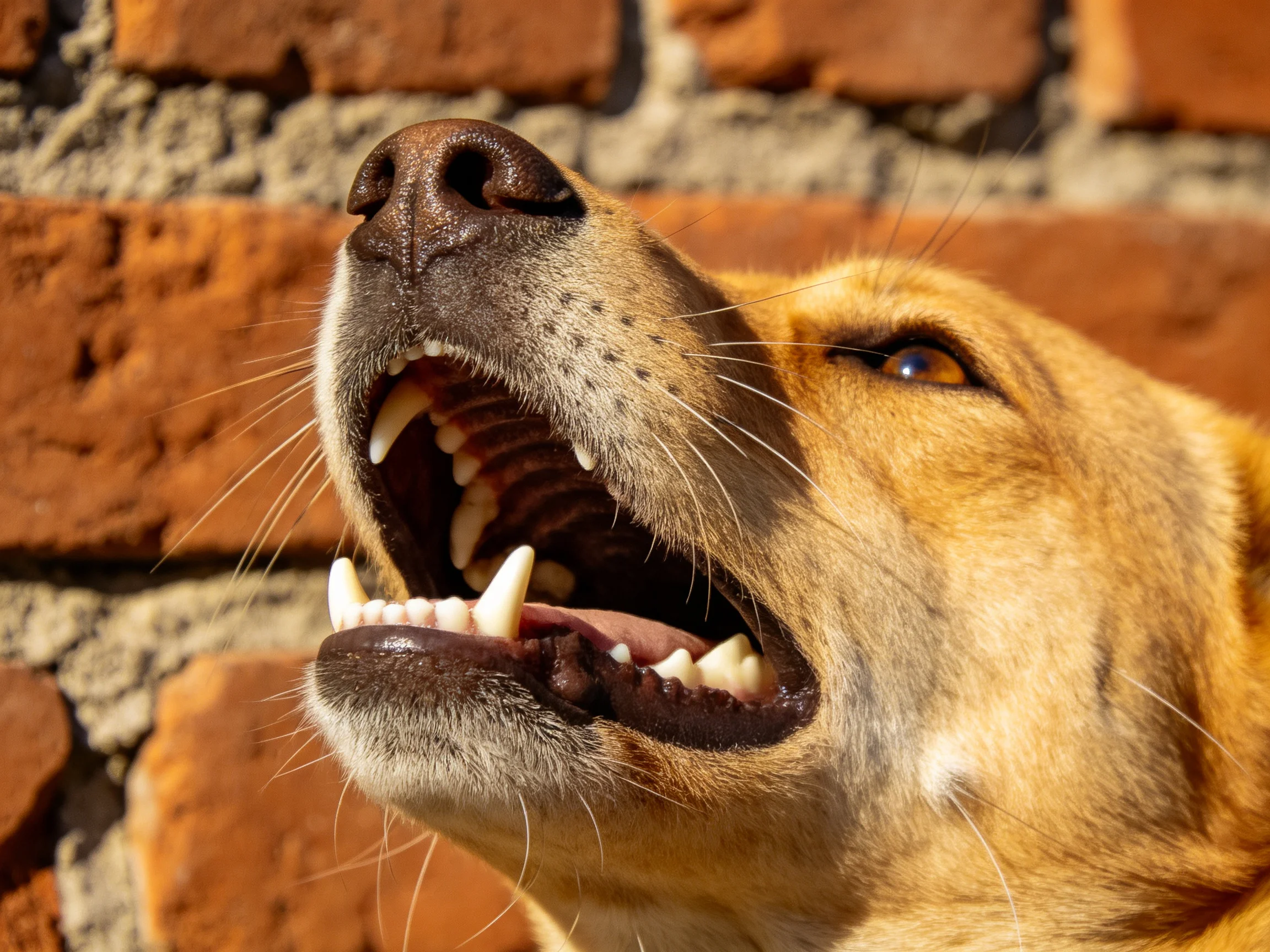 Golden dog yawning beside a rustic brick wall with earthy tones