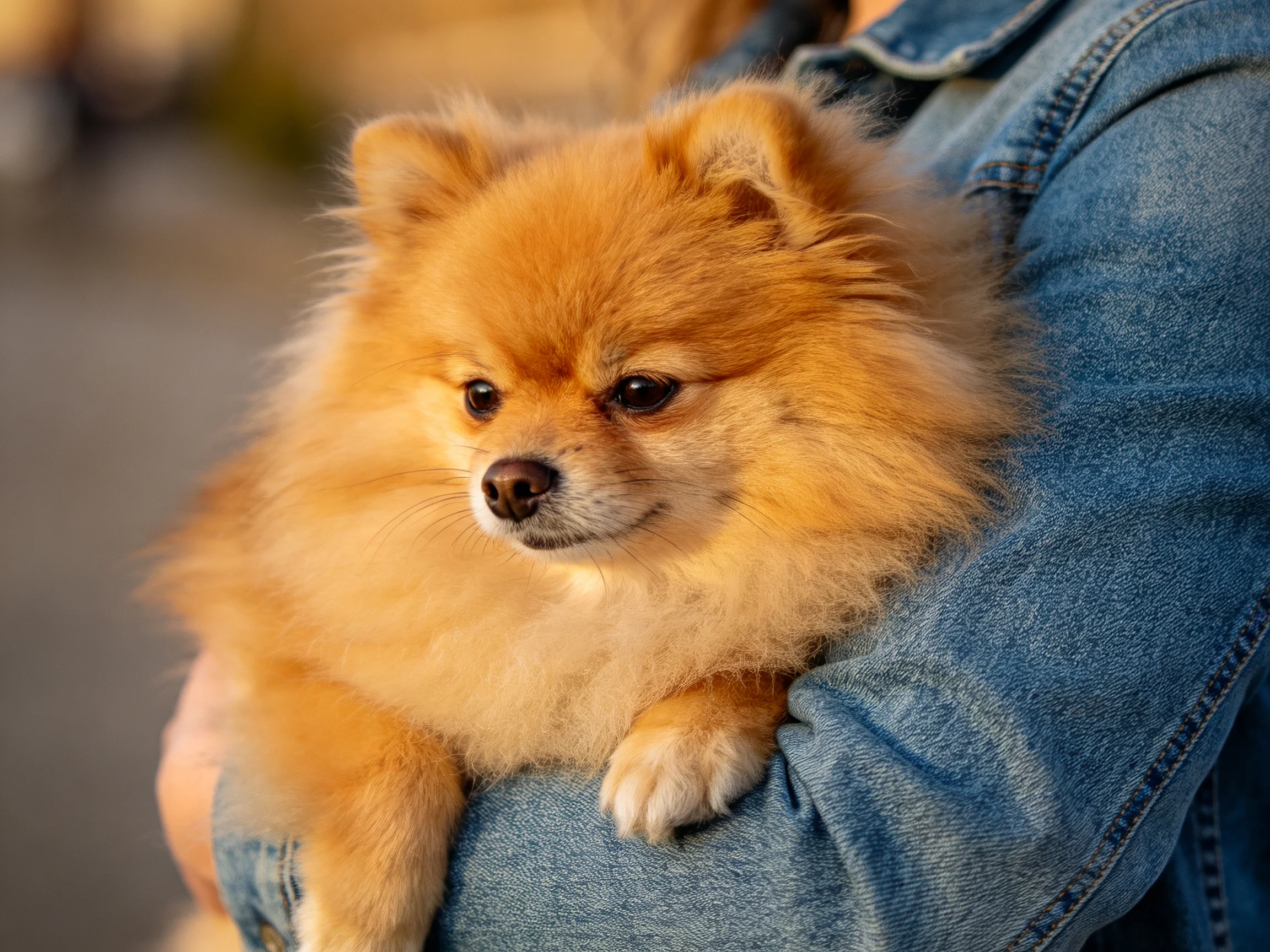 Golden-furred Pomeranian nestled in blue denim clothing