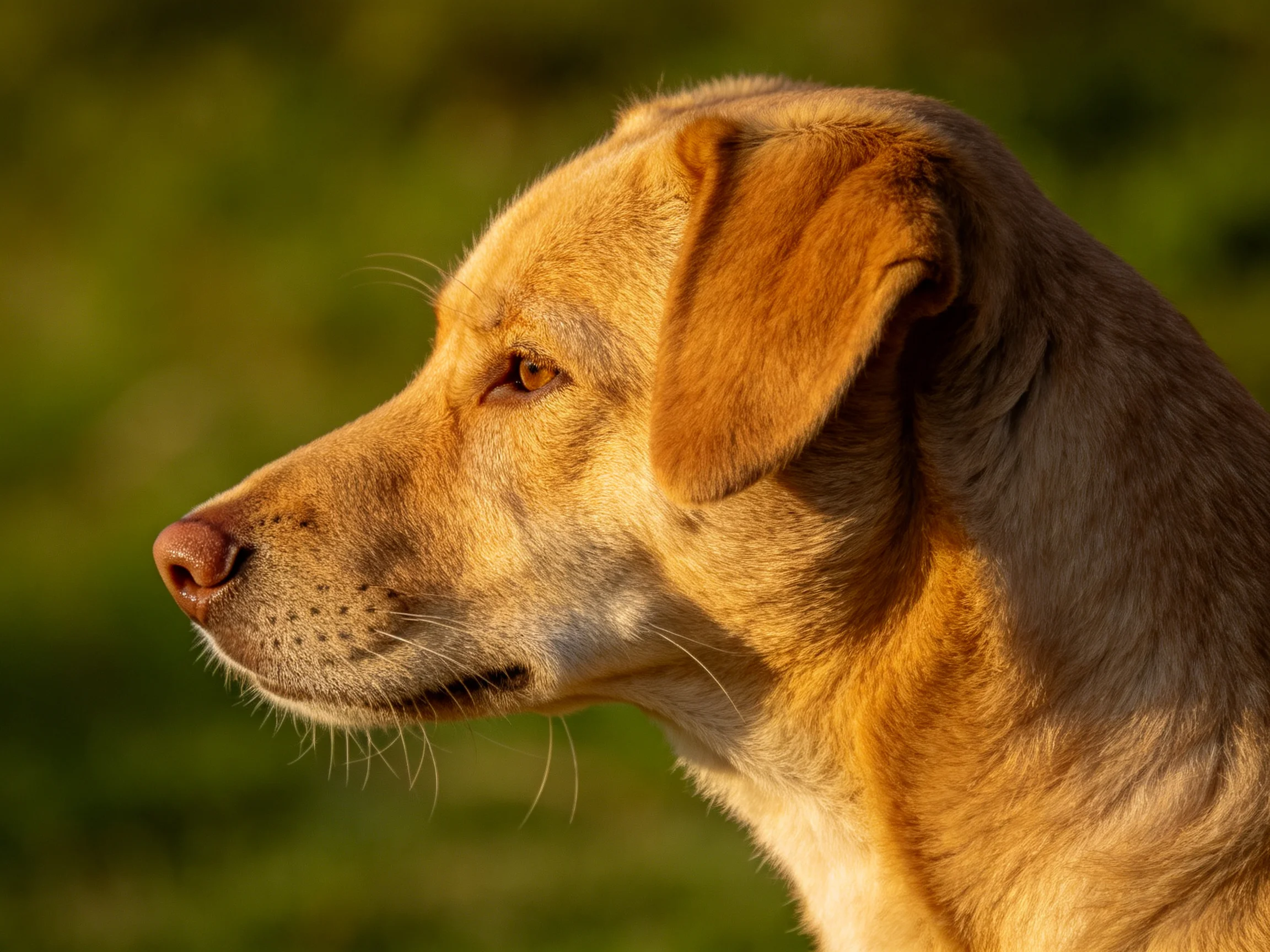 Golden-furred dog in profile with blurred green surroundings