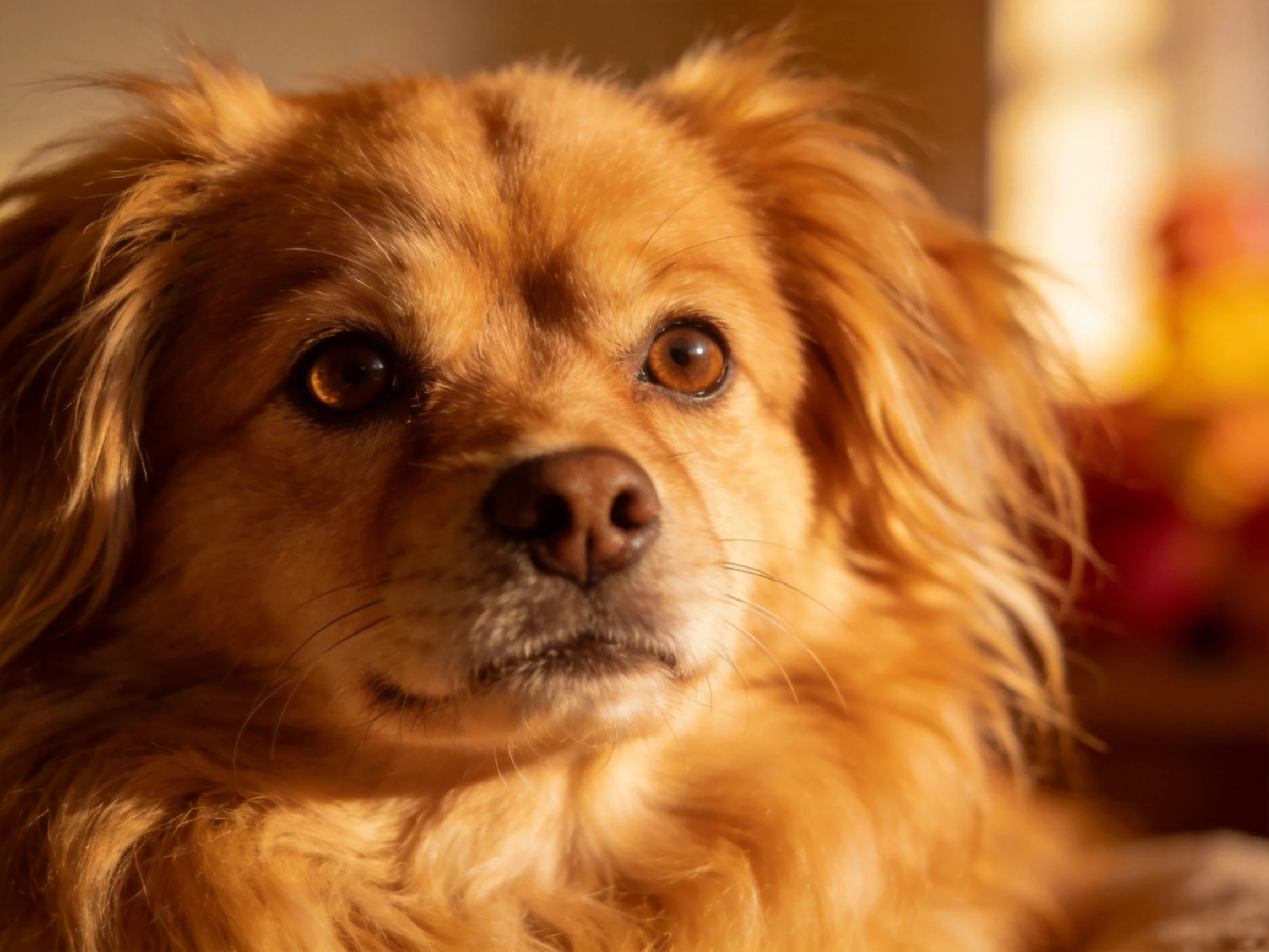 Golden-furred dog sits indoors, bathed in warm light.