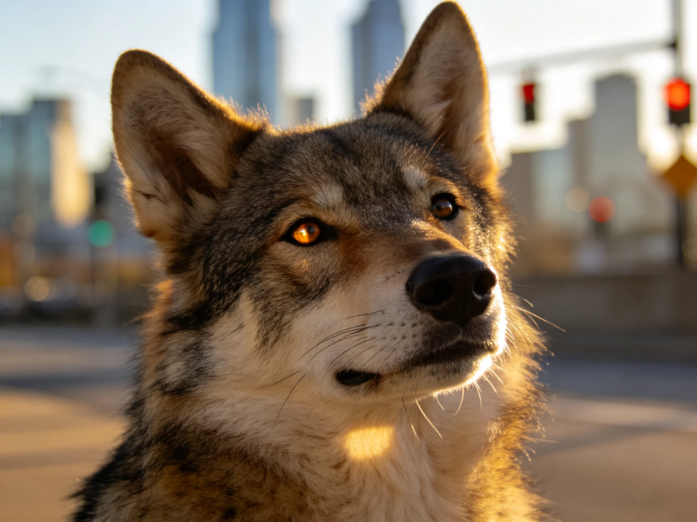 Golden-hued gray and white wolf-dog beside urban skyline
