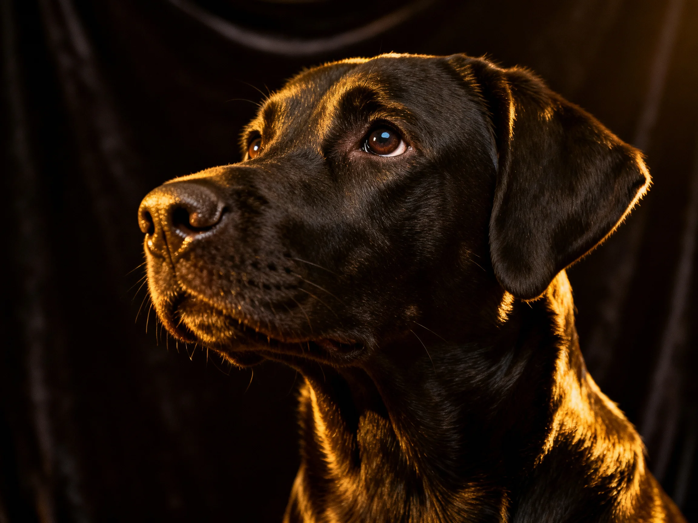 Golden-lit portrait of a chocolate Labrador retriever