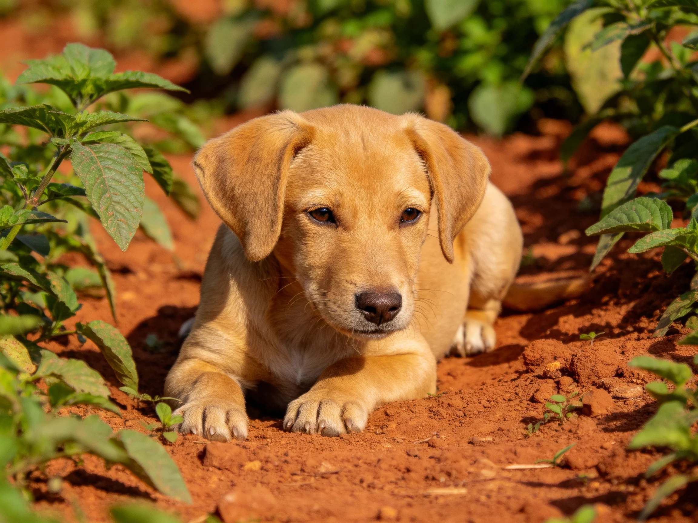 Golden puppy resting on reddish earth amid green foliage