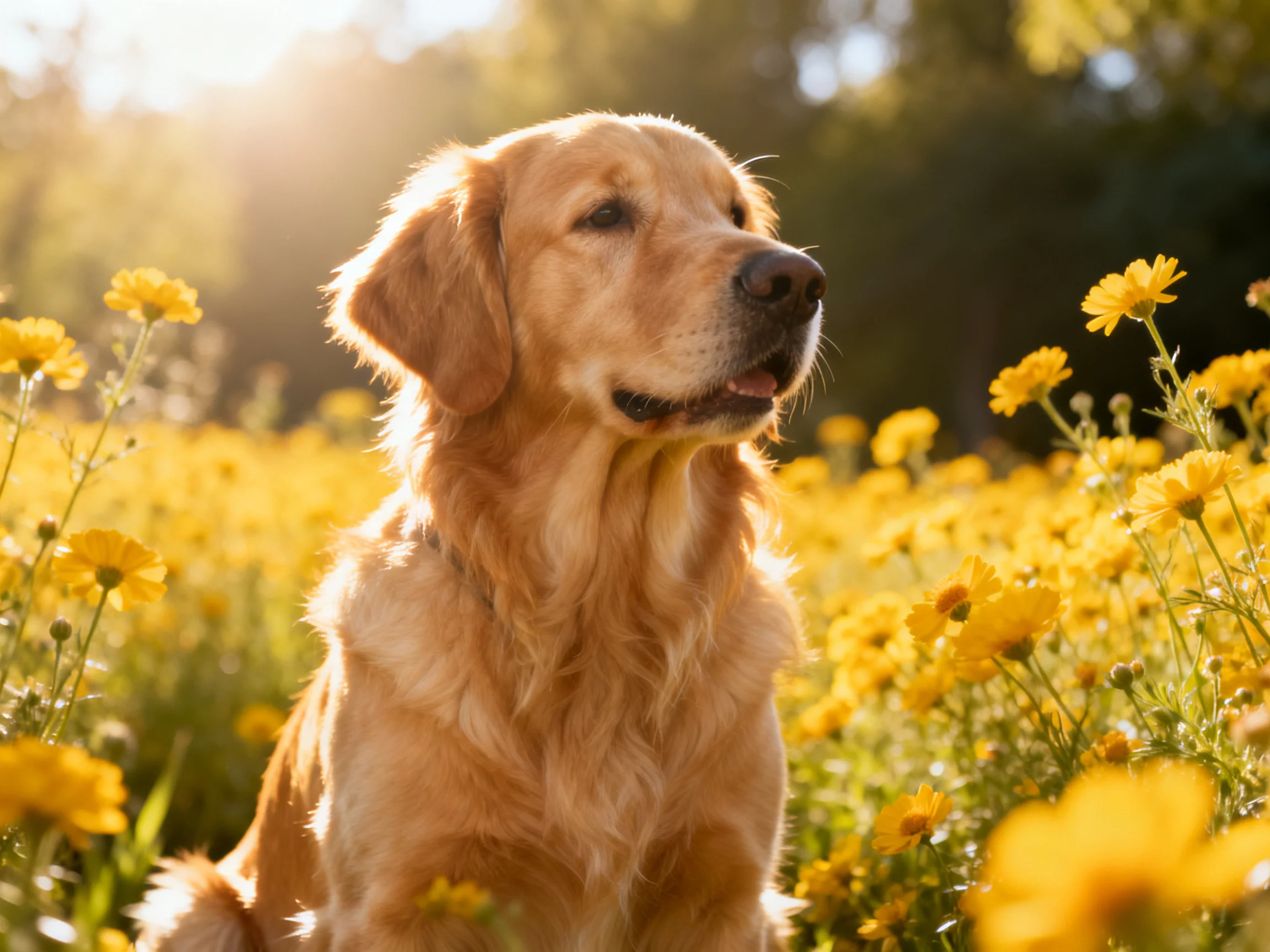Golden retriever amid vibrant yellow wildflowers