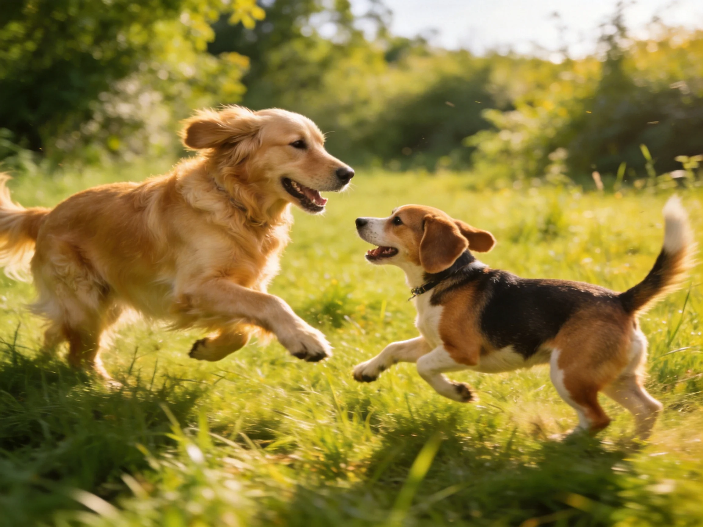 Two dogs—one golden retriever, one beagle—play energetically in a sunlit grassy area.