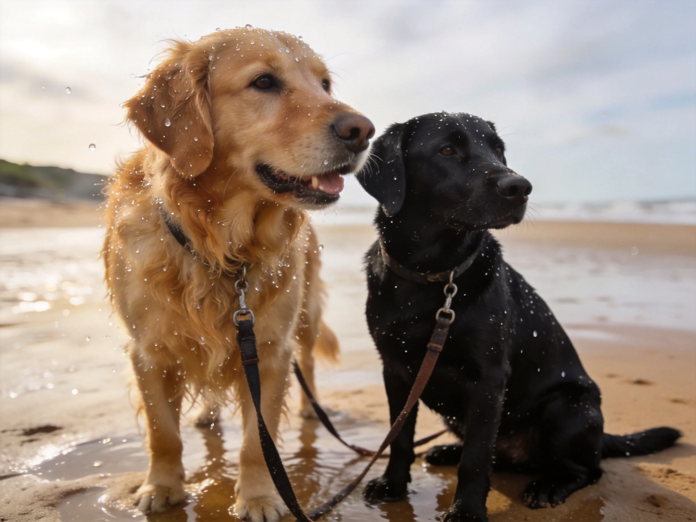 Golden retriever and black Labrador on wet sandy beach