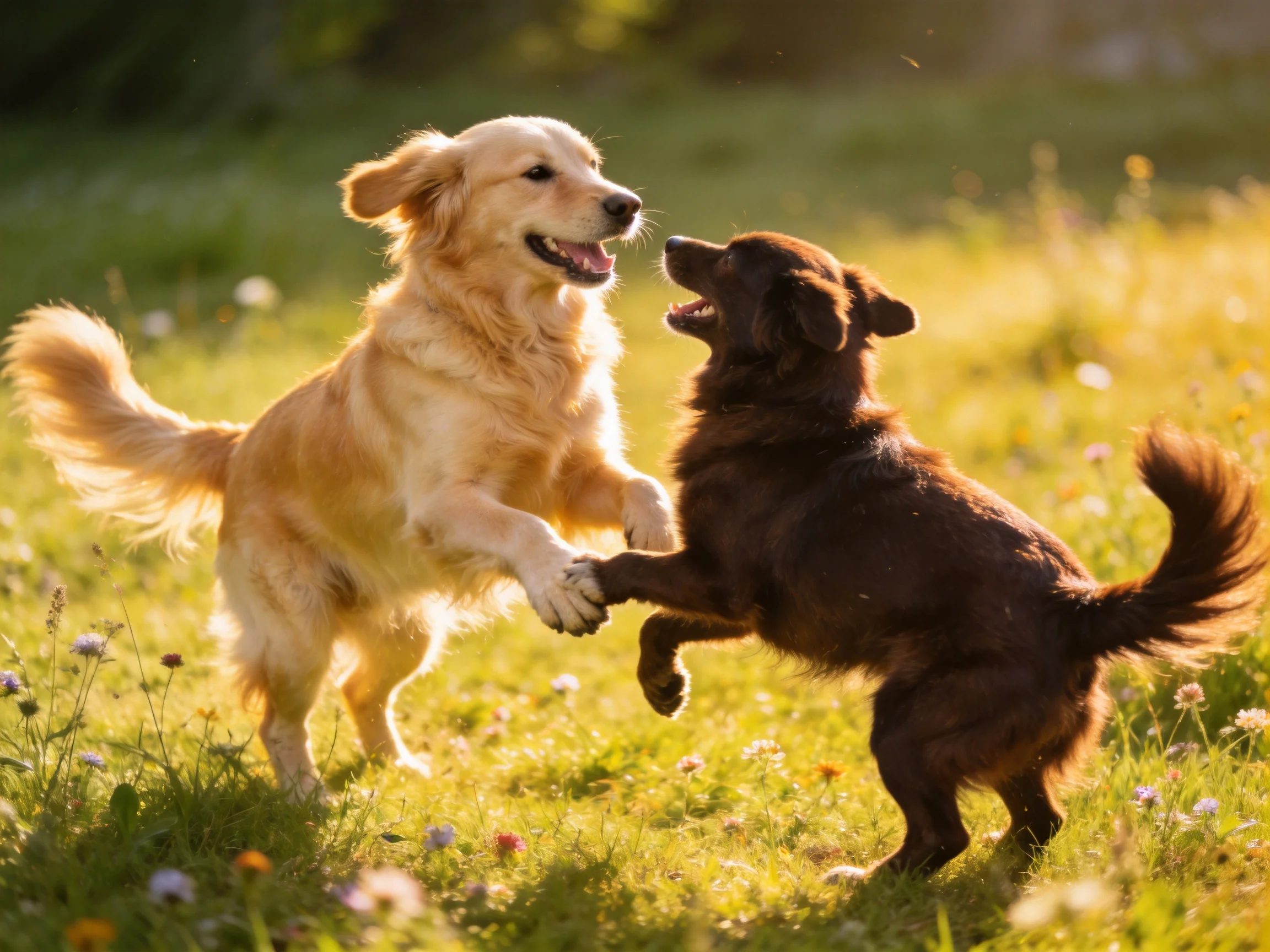 Two dogs play joyfully in a sunlit grassy field.