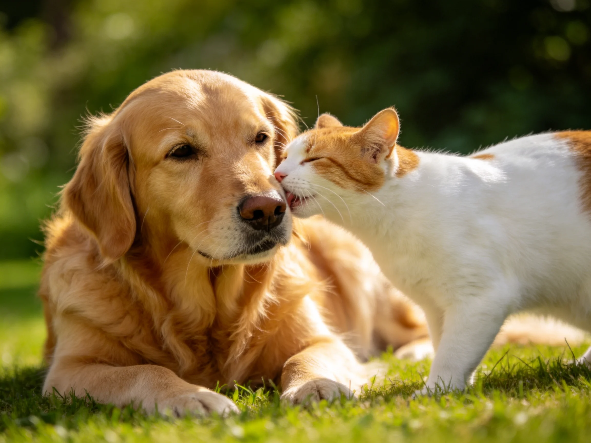 A golden retriever and an orange - white cat share a peaceful moment on green grass.