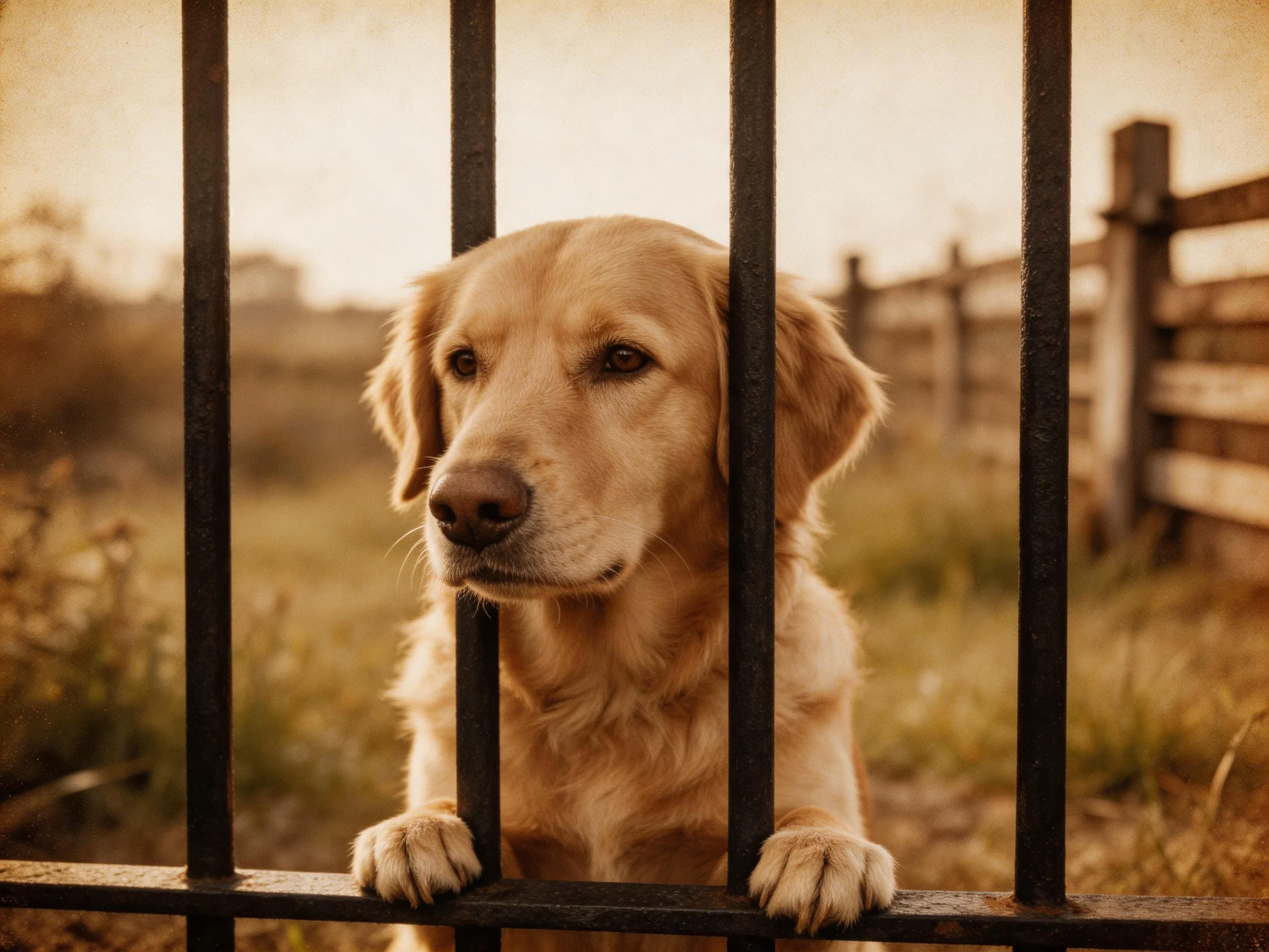 Golden retriever observes from metal fence in rural setting