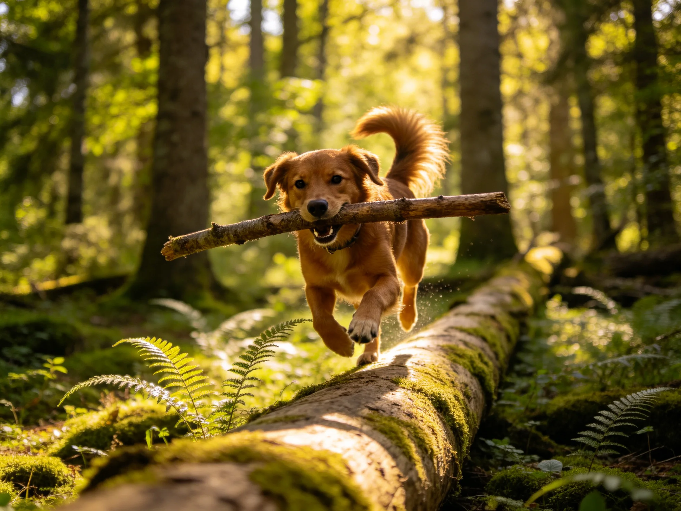 Golden retriever carries branch across mossy log in sunlit forest