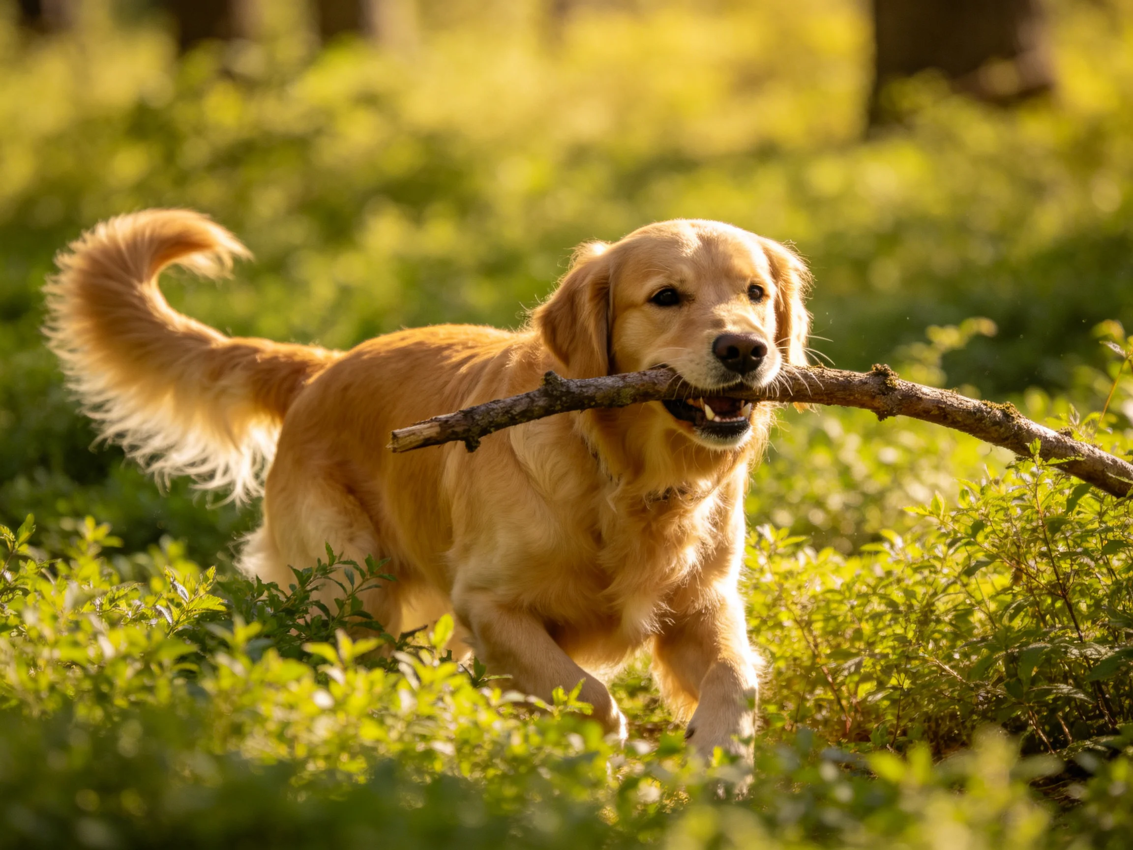 Golden retriever carrying a thick brown stick through lush greenery