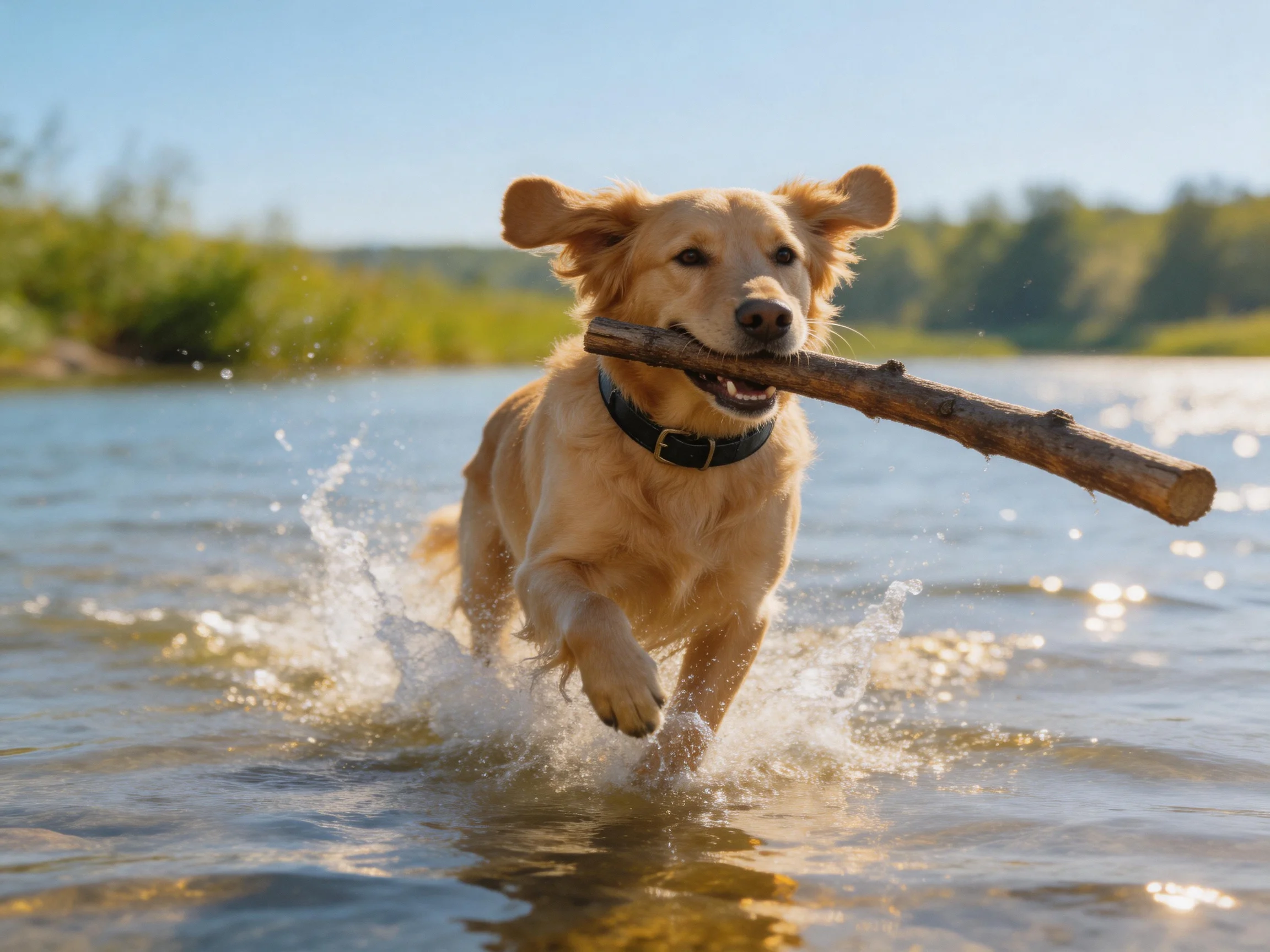 Golden retriever carrying a thick brown stick through shallow water