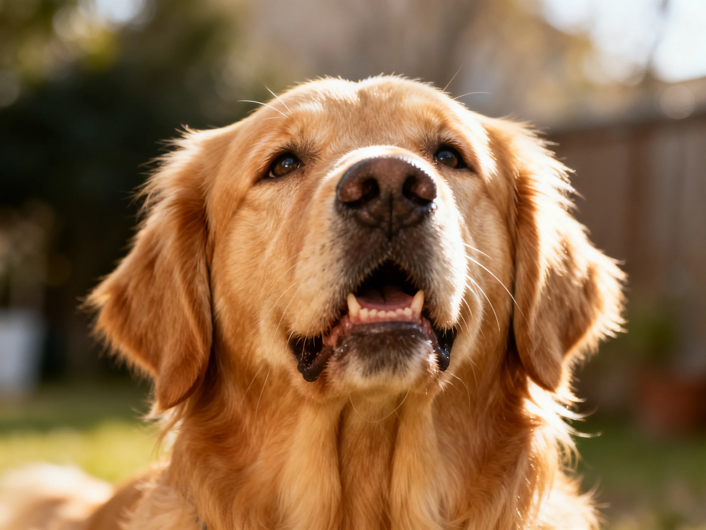 Close - up of a golden retriever’s face outdoors in bright sunlight.