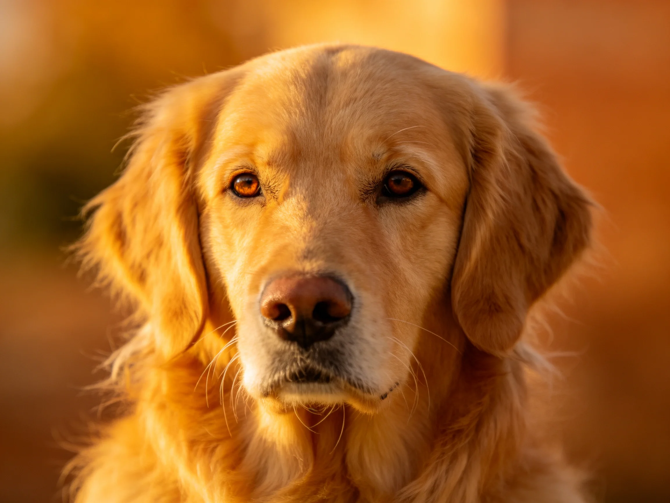 A golden retriever is photographed up close with warm lighting