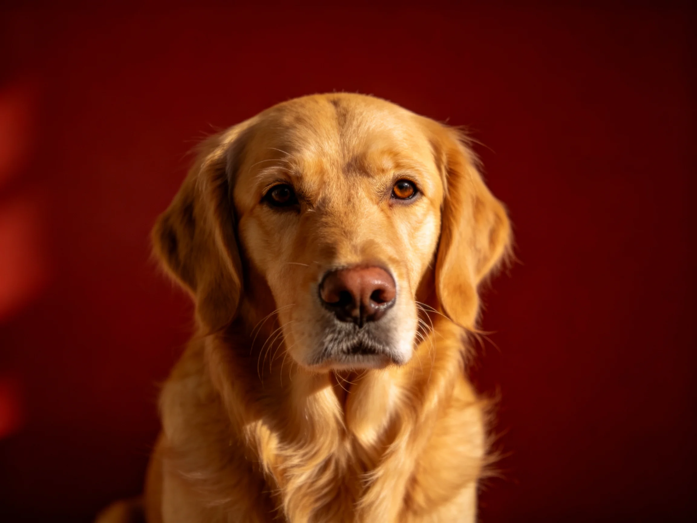 Golden retriever close-up against rich red blurred background