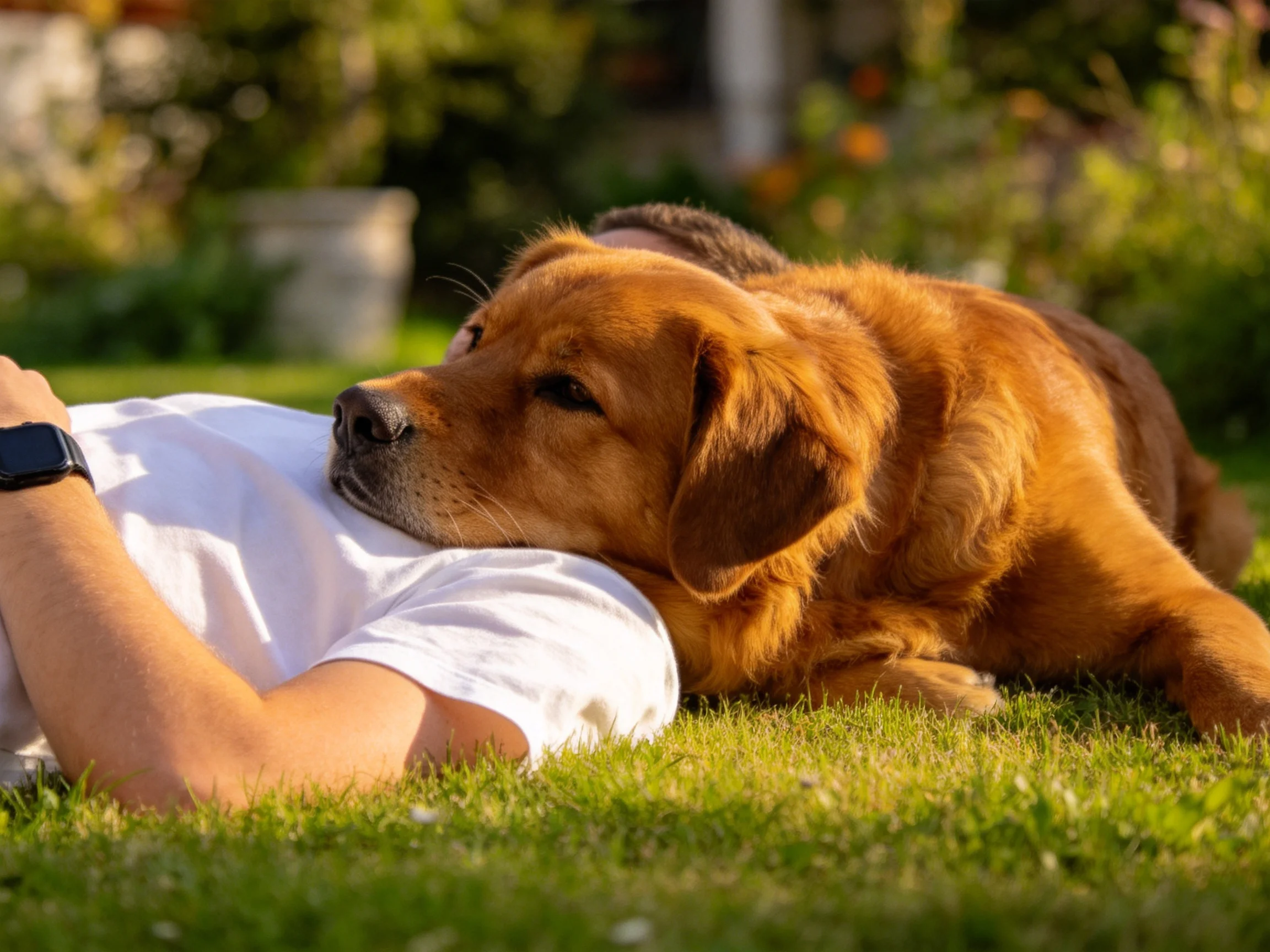 Golden retriever cuddles with person on green grass
