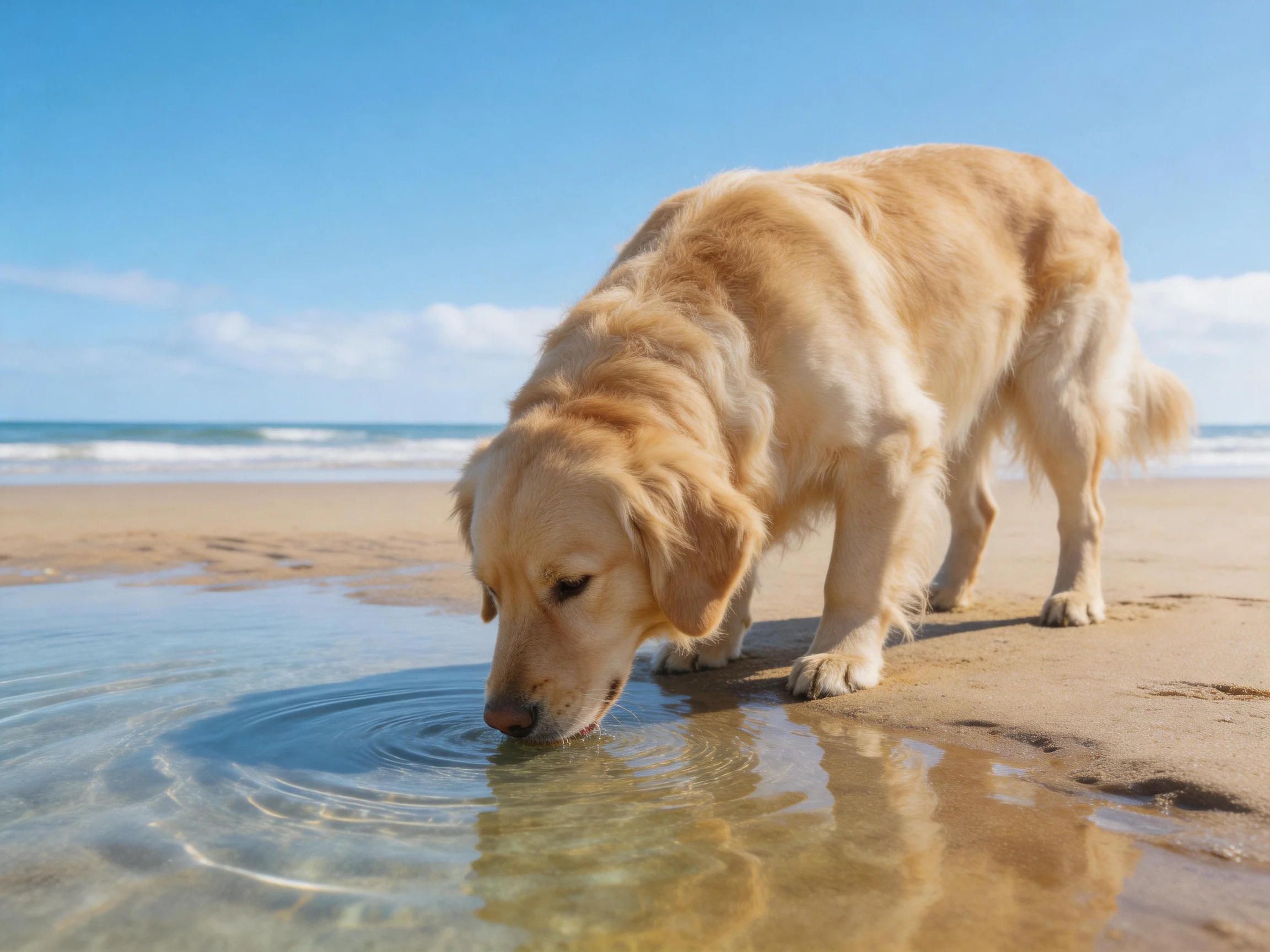 Golden retriever drinks from shallow ocean water on a sunny sandy beach