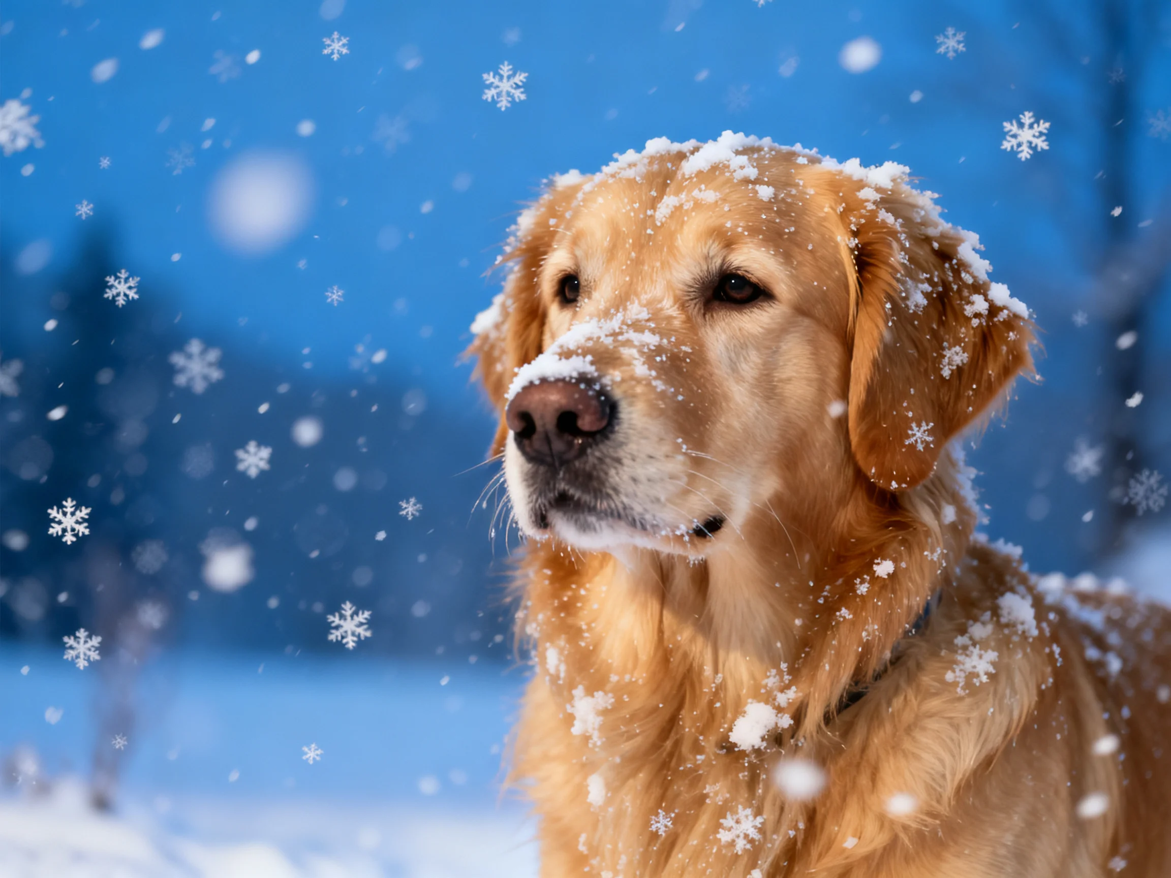 Golden retriever dusted with snowflakes under a bright blue winter sky