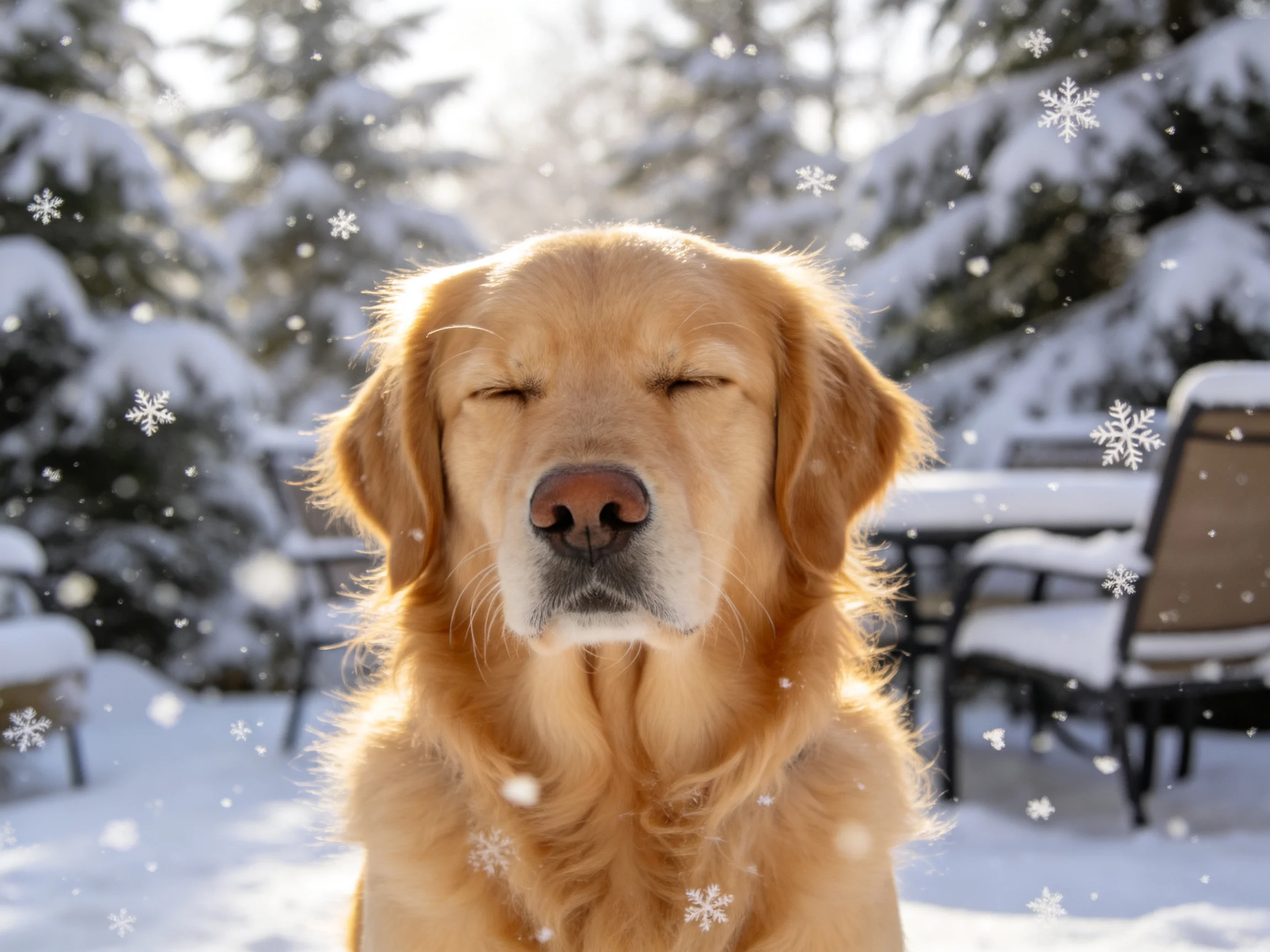 Golden retriever enjoying a snowy winter scene with falling snowflakes