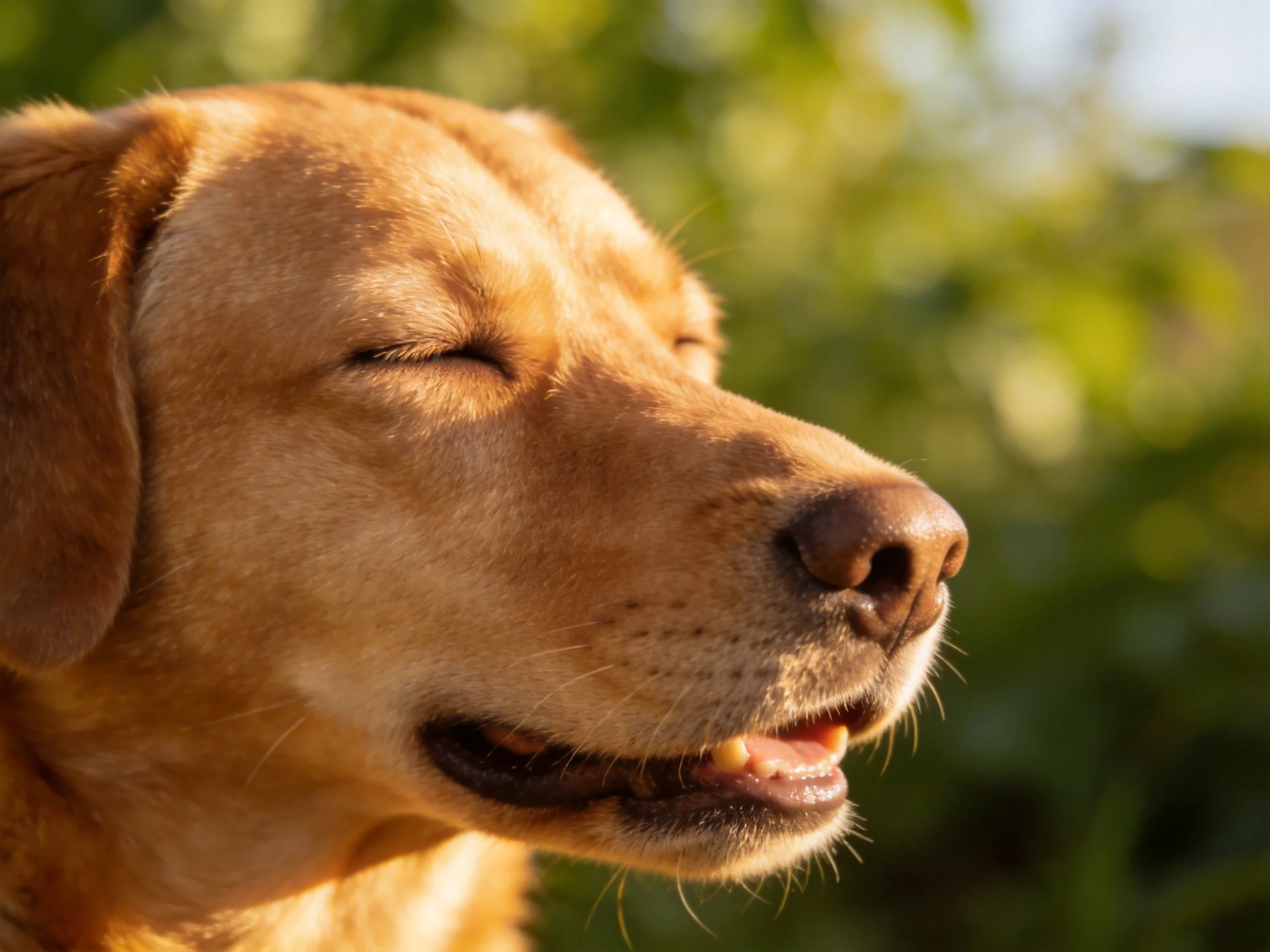 Golden retriever enjoys warm sunlight with eyes closed outdoors