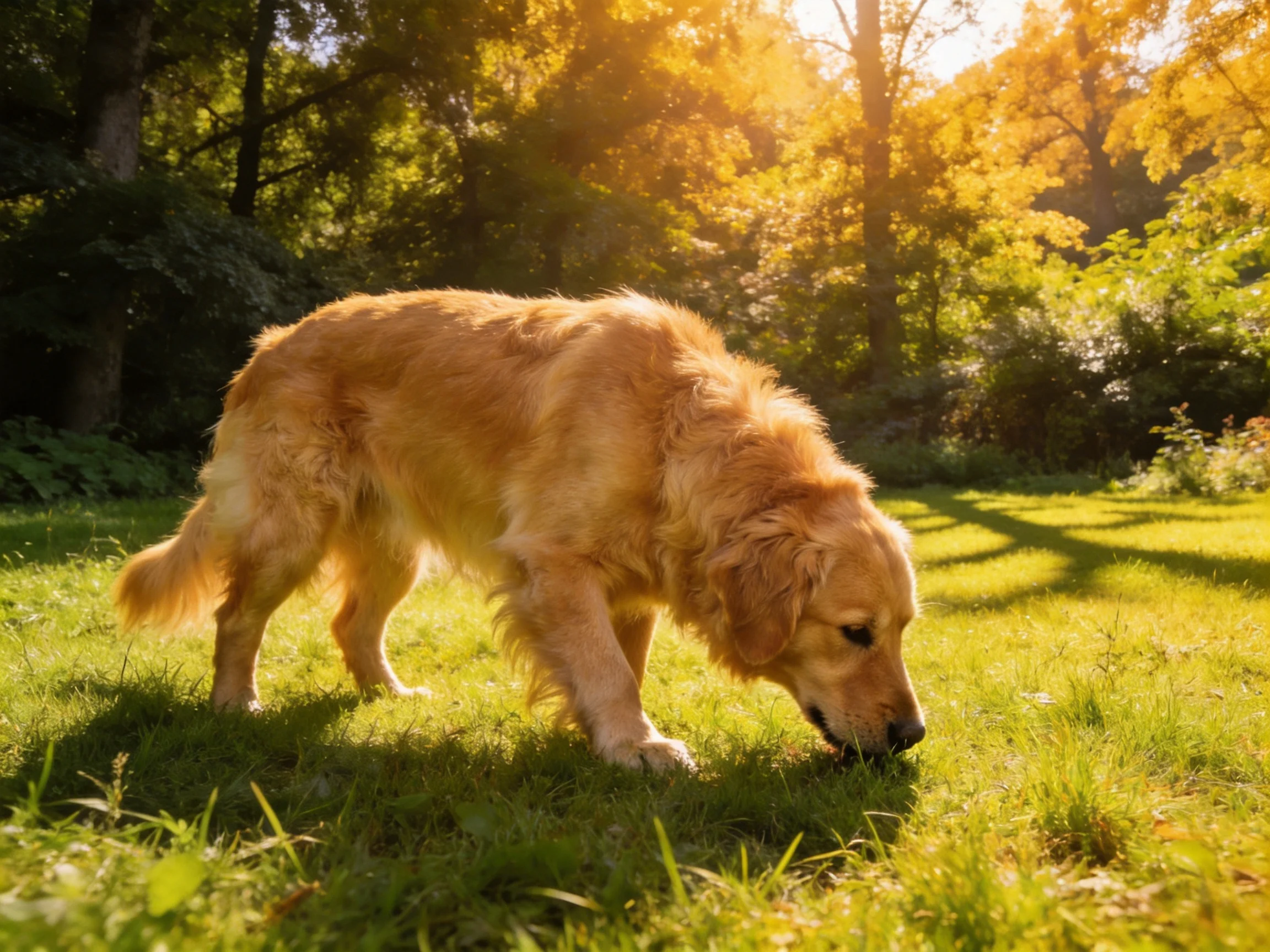 A golden retriever sniffs the grass in a sunlit area with surrounding trees.