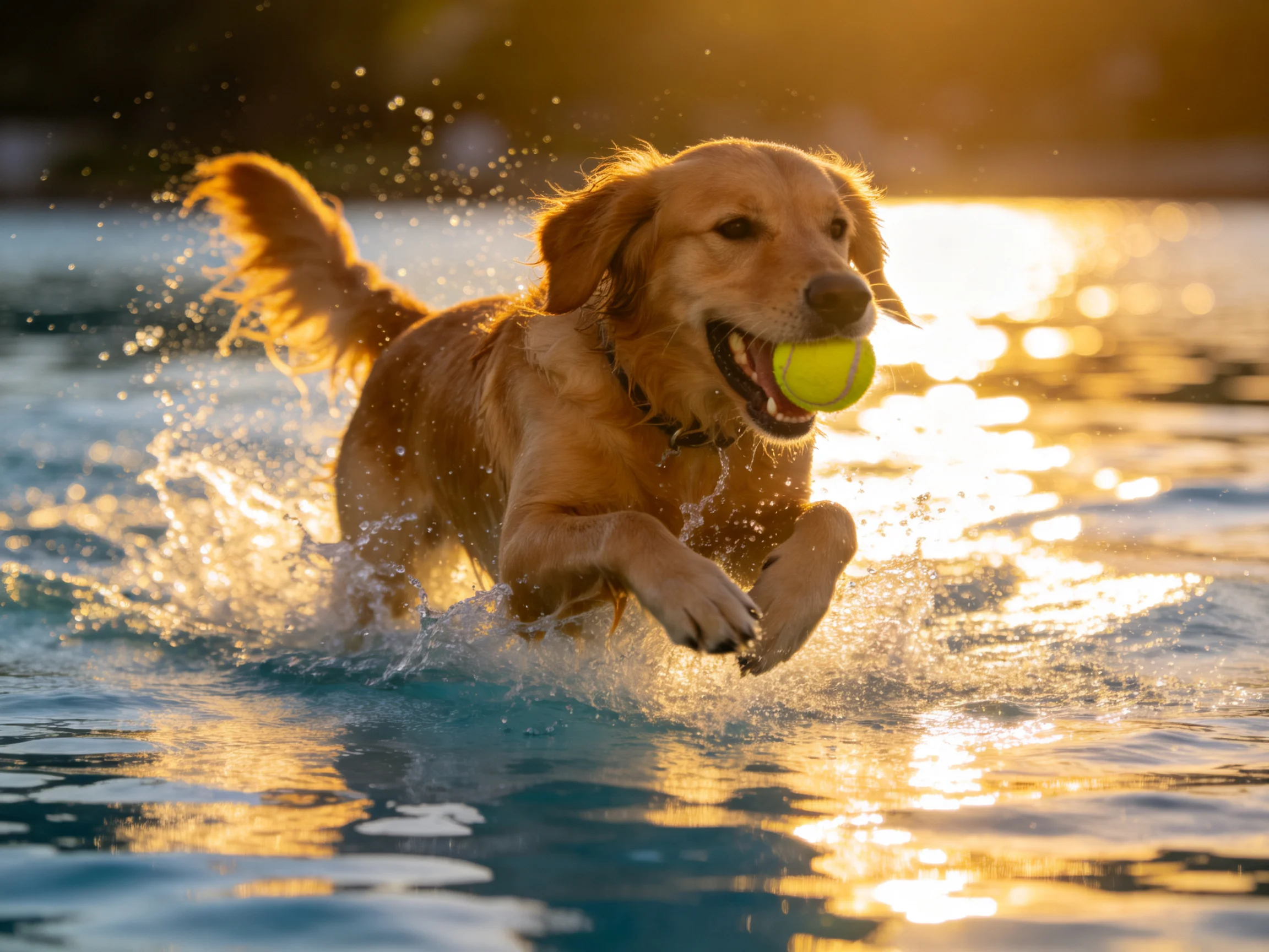 Golden retriever fetching a yellow tennis ball in shimmering water at sunset