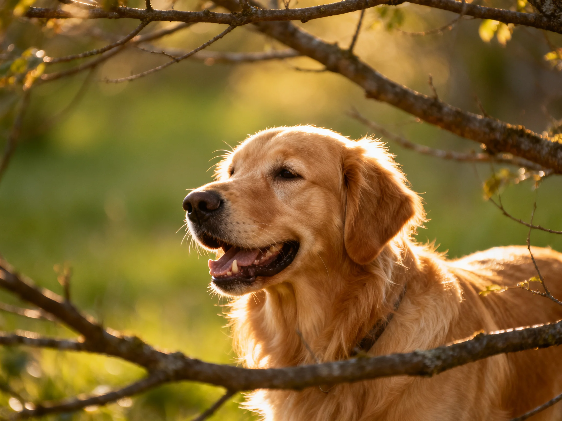 A golden retriever stands amid tree branches in a sunlit natural space.