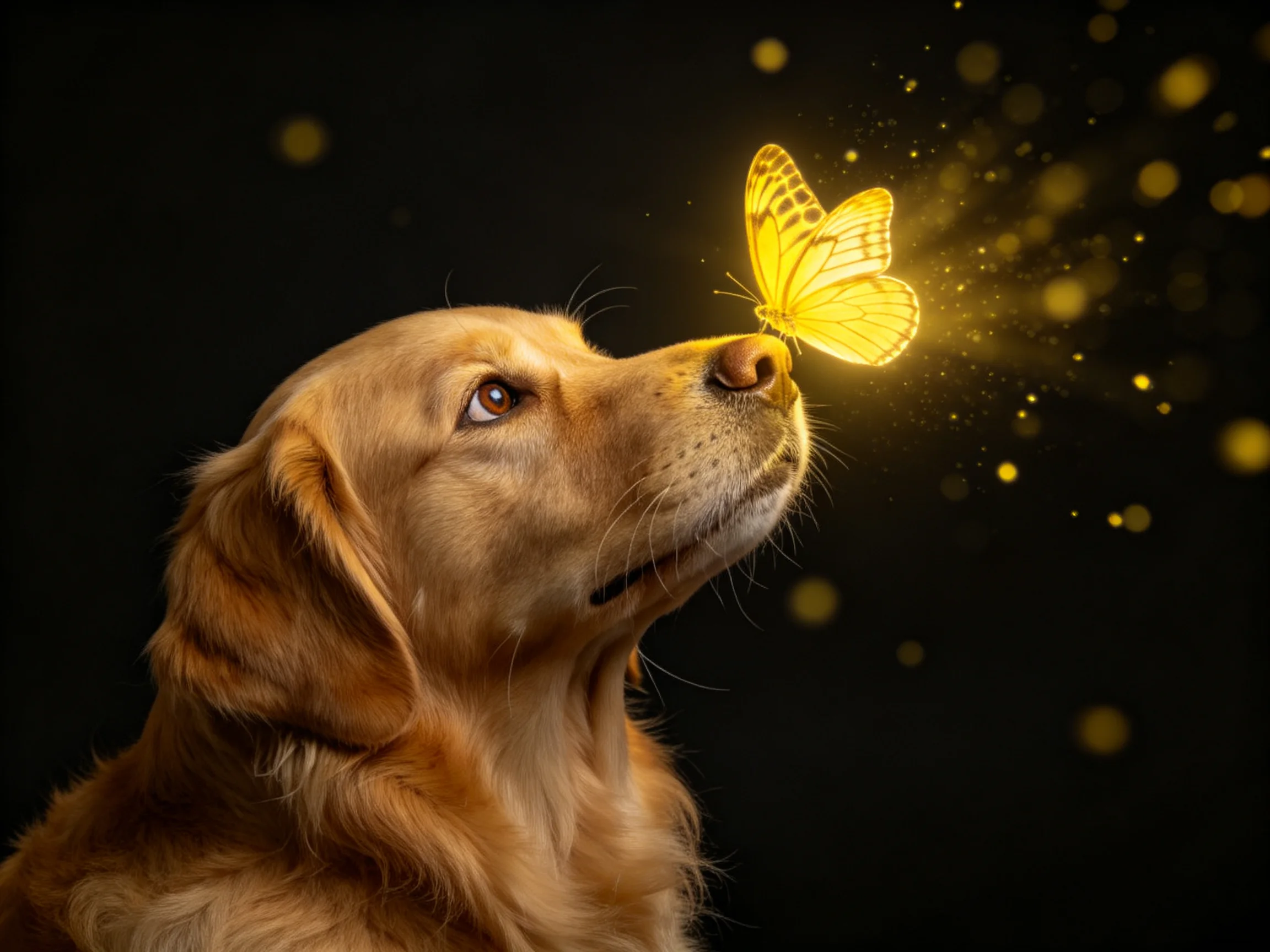 Golden retriever gazes at glowing yellow butterfly against dark backdrop