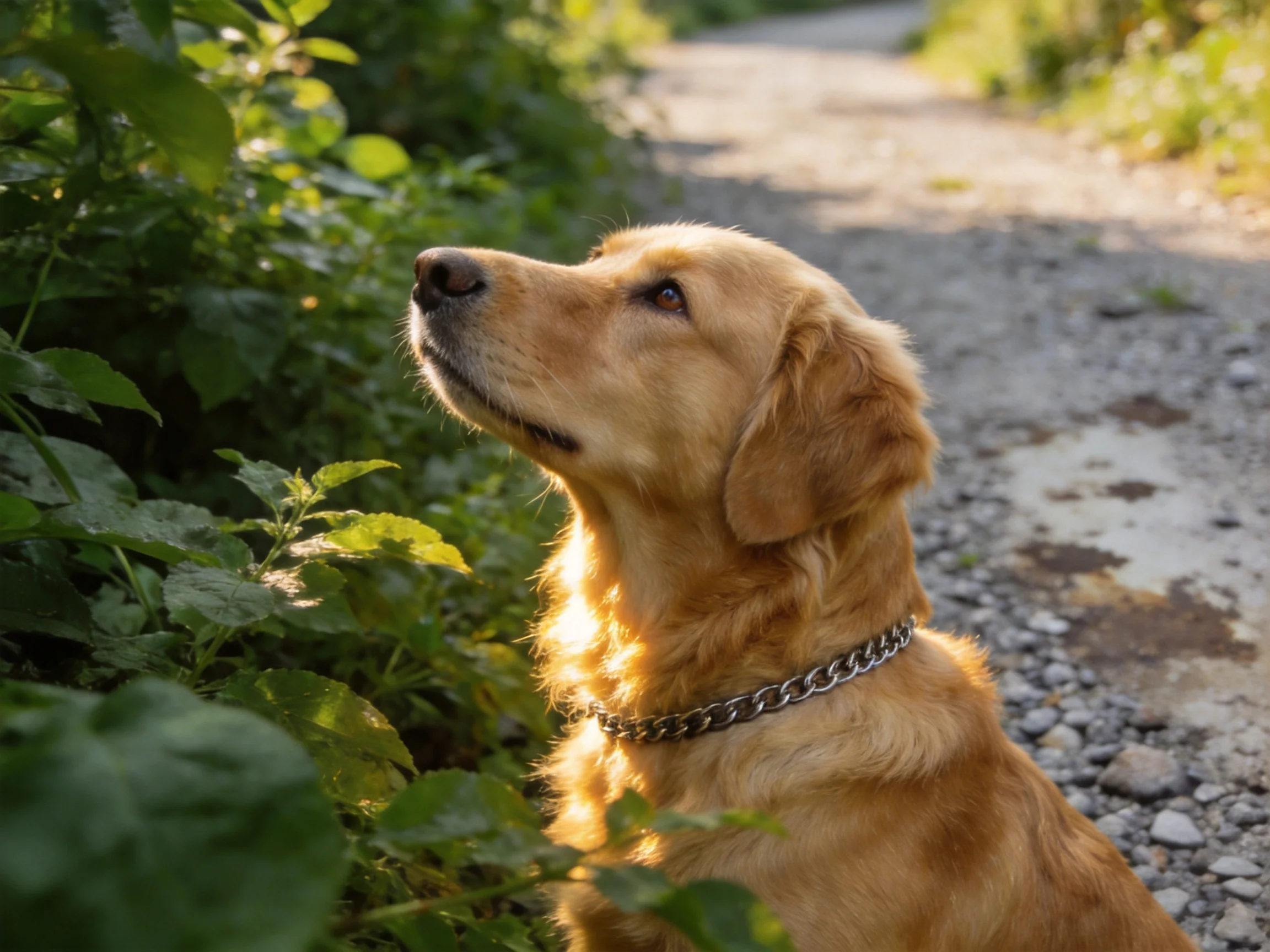 Golden retriever gazes near lush green foliage on a gravel path