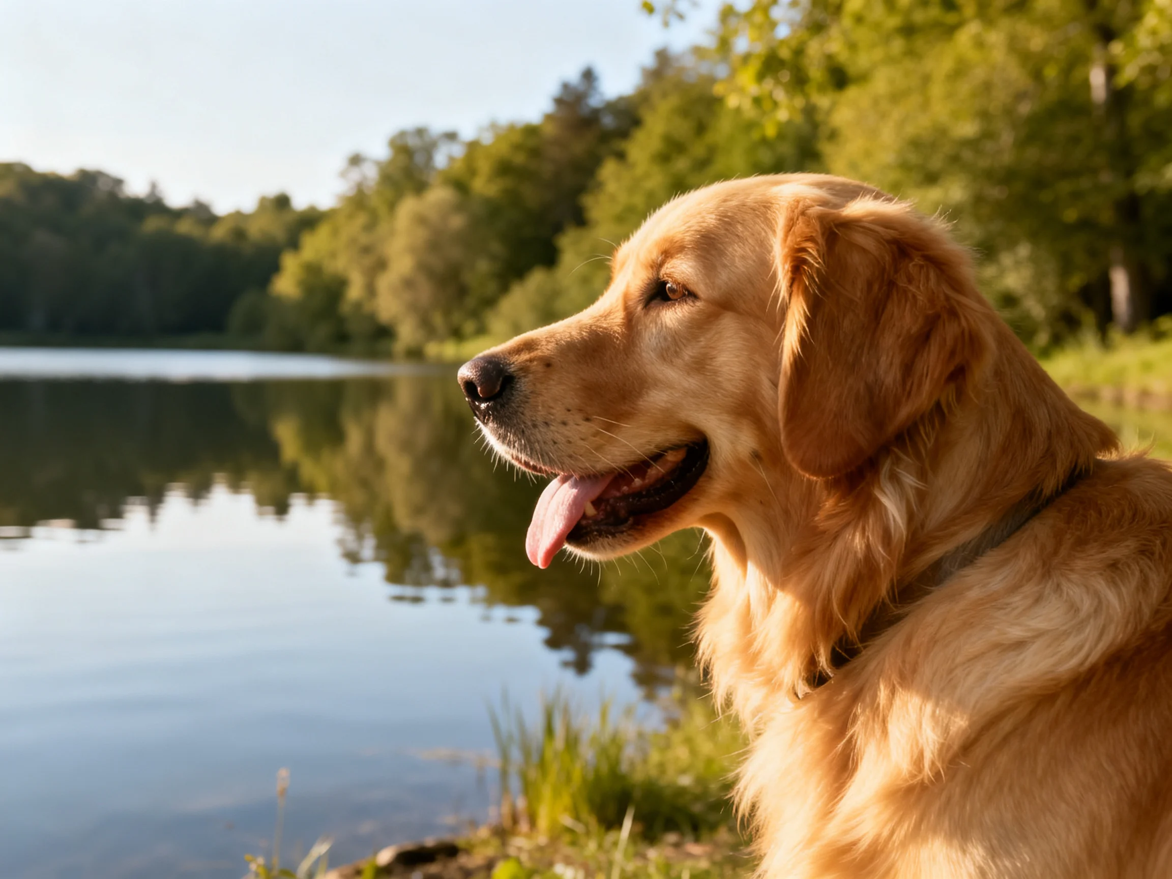 Golden retriever gazing at calm lake with green forest backdrop