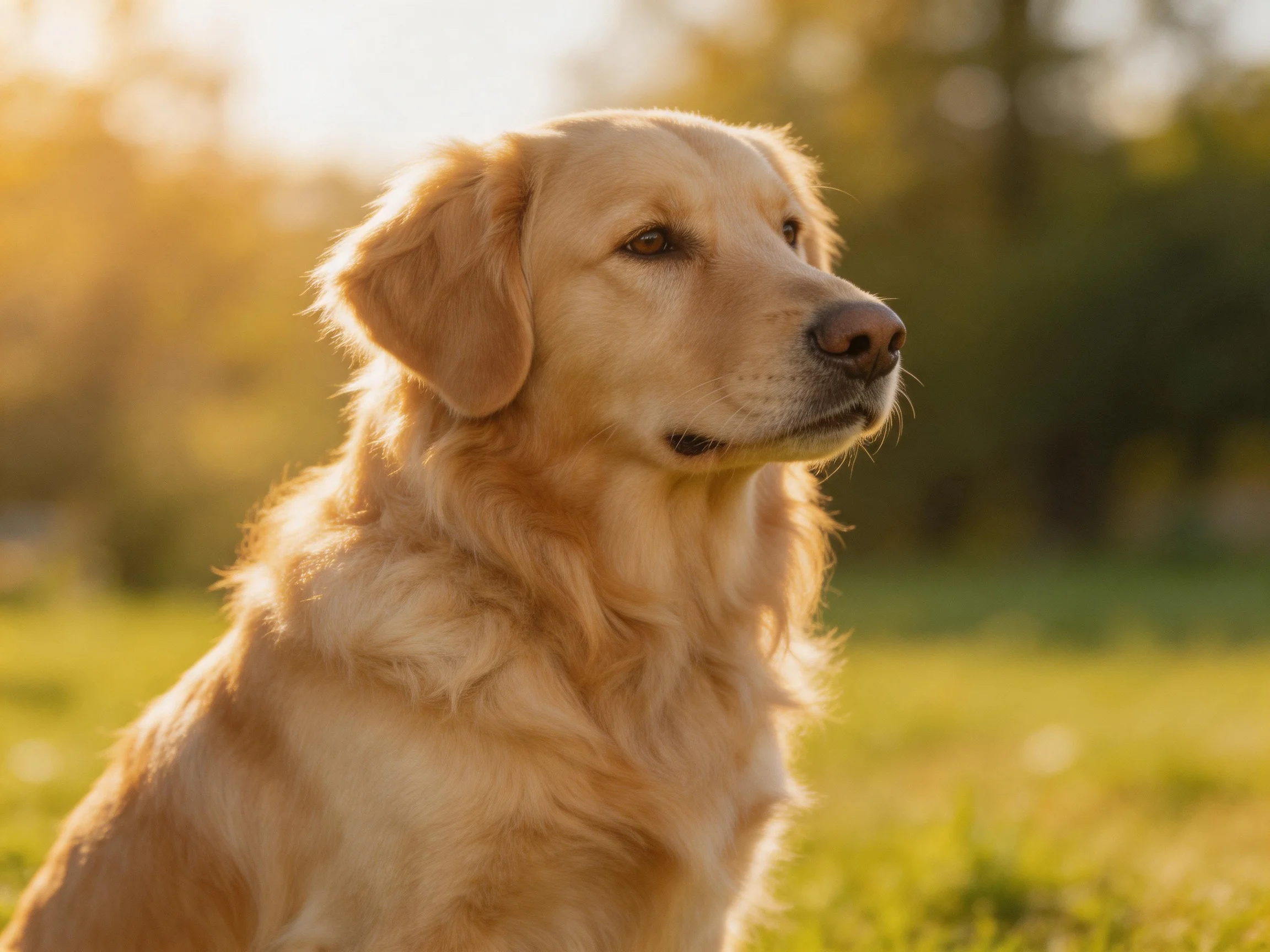 Golden retriever gazing thoughtfully in a sunlit grassy field