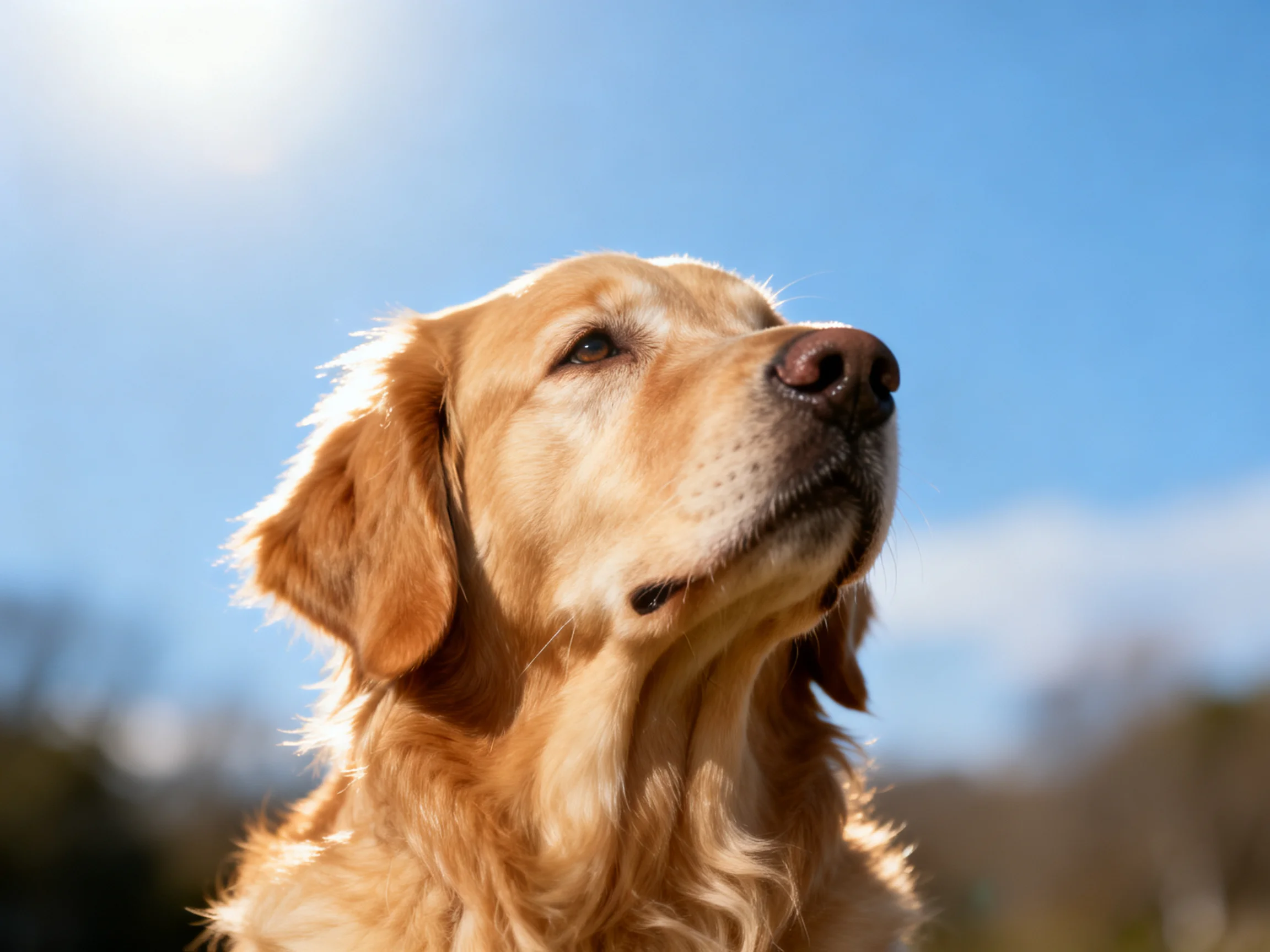 Golden retriever gazing upward under bright blue sky