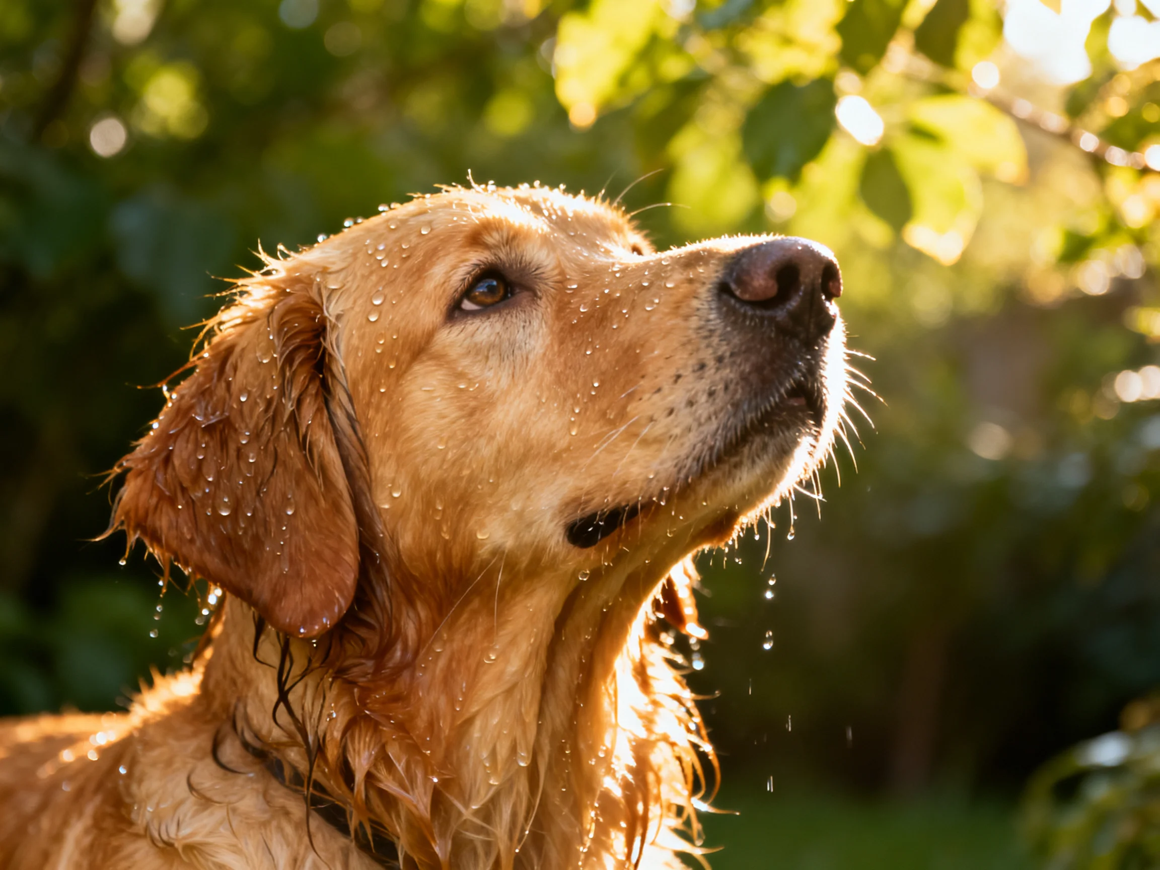 A golden retriever stands in with water droplets on its coat amid sunlit greenery.