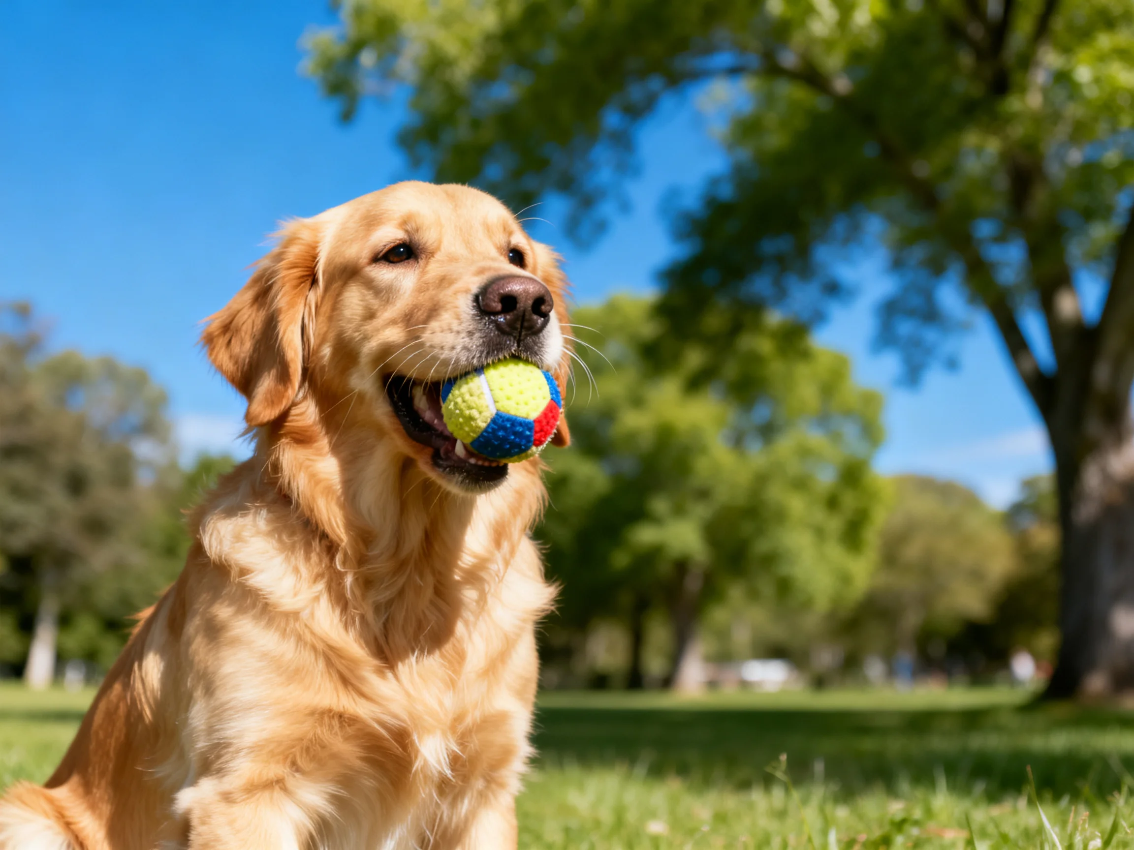 A golden retriever holds a ball in a sunny park.