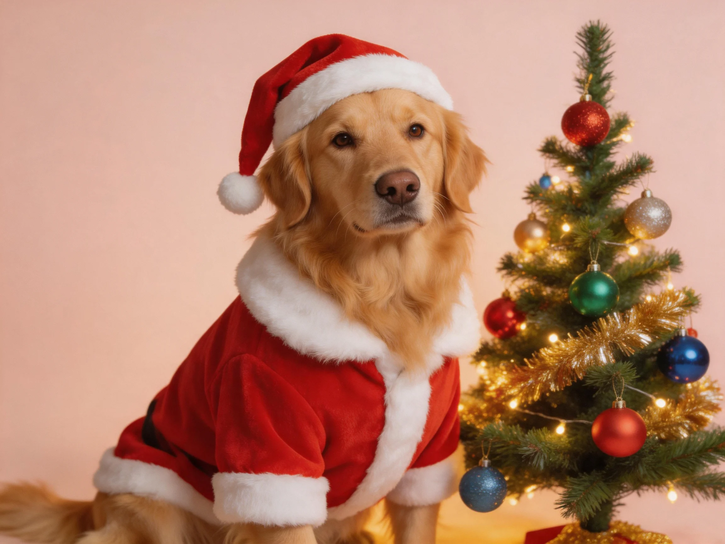 A golden retriever dressed as Santa sits next to a decorated Christmas tree.