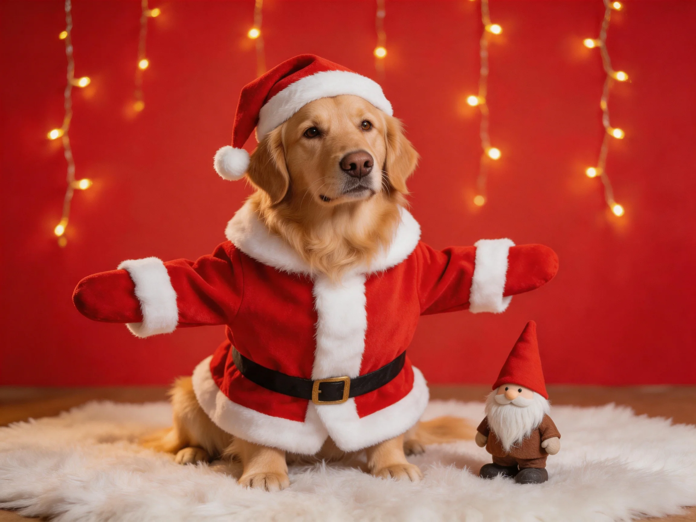 A golden retriever wearing a Santa costume sits next to a gnome figurine among holiday decor.