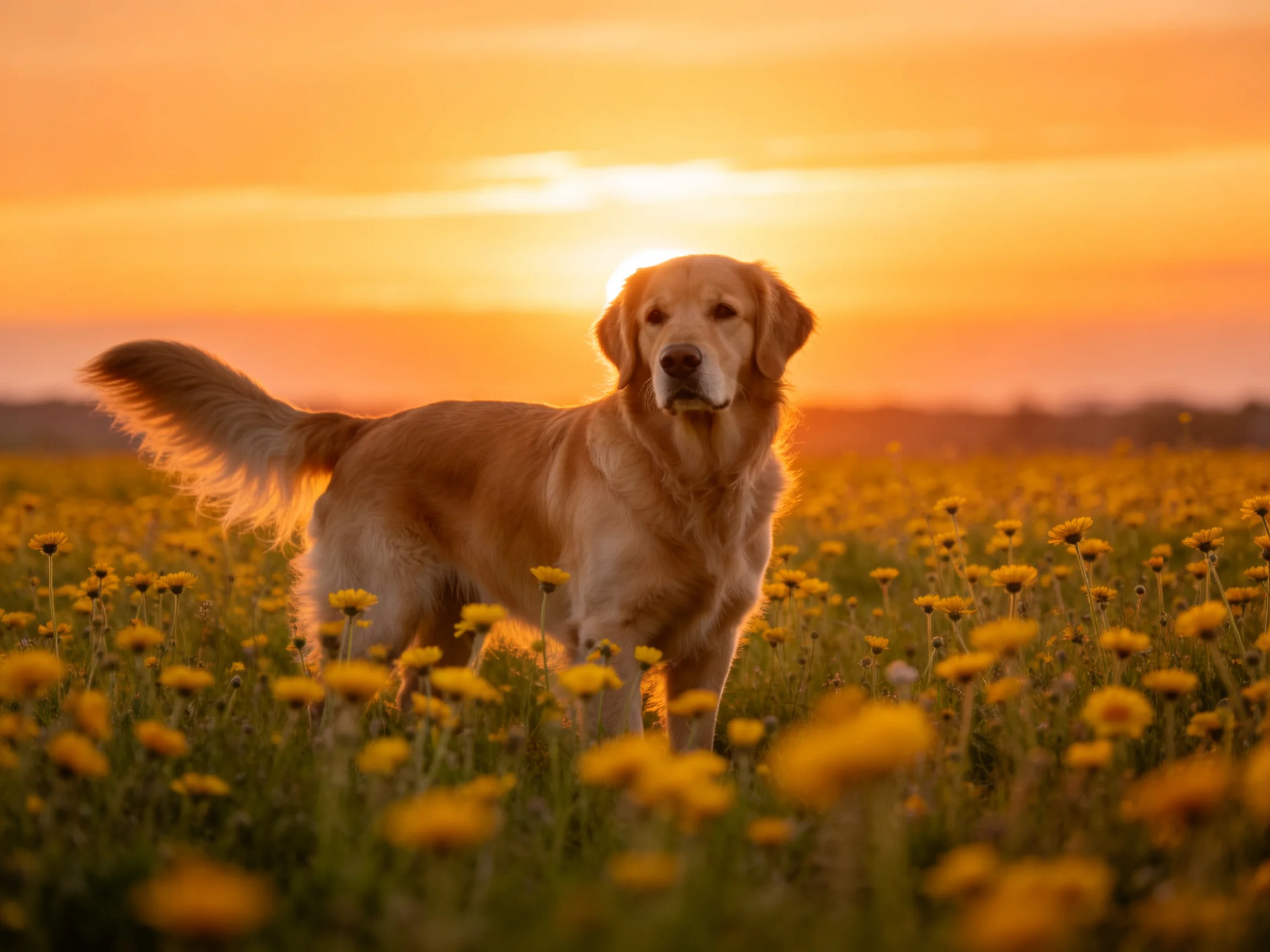 A golden retriever stands among yellow wildflowers beneath a bright sunset.