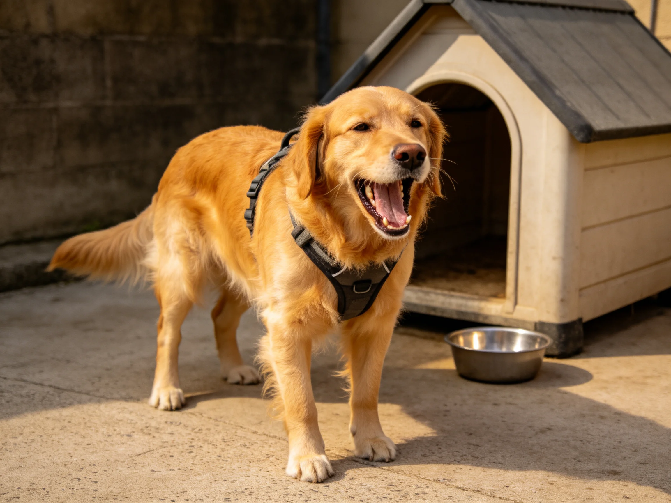 Golden retriever in black harness near beige doghouse